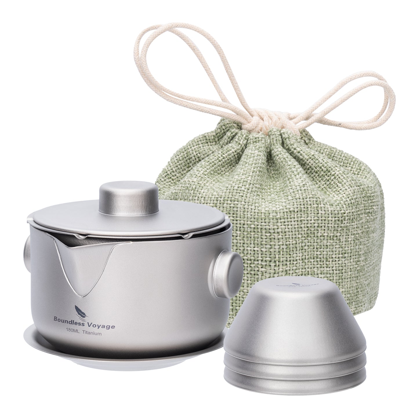 Boundless Voyage 180ml Titanium Double-Layer Tea Set | 136g Ultralight Teapot with 3pcs 30ml Anti-Scald Cups | Stackable Travel Tea Maker for Camping