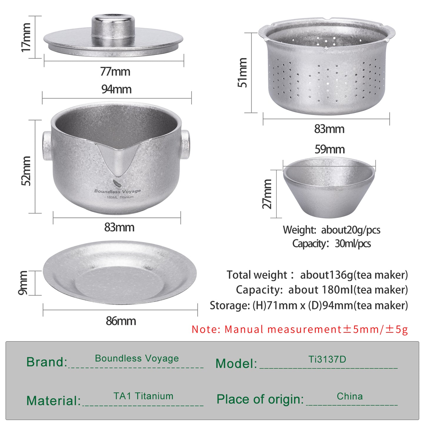 Boundless Voyage 180ml Titanium Double-Layer Tea Set | 136g Ultralight Teapot with 3pcs 30ml Anti-Scald Cups | Stackable Travel Tea Maker for Camping