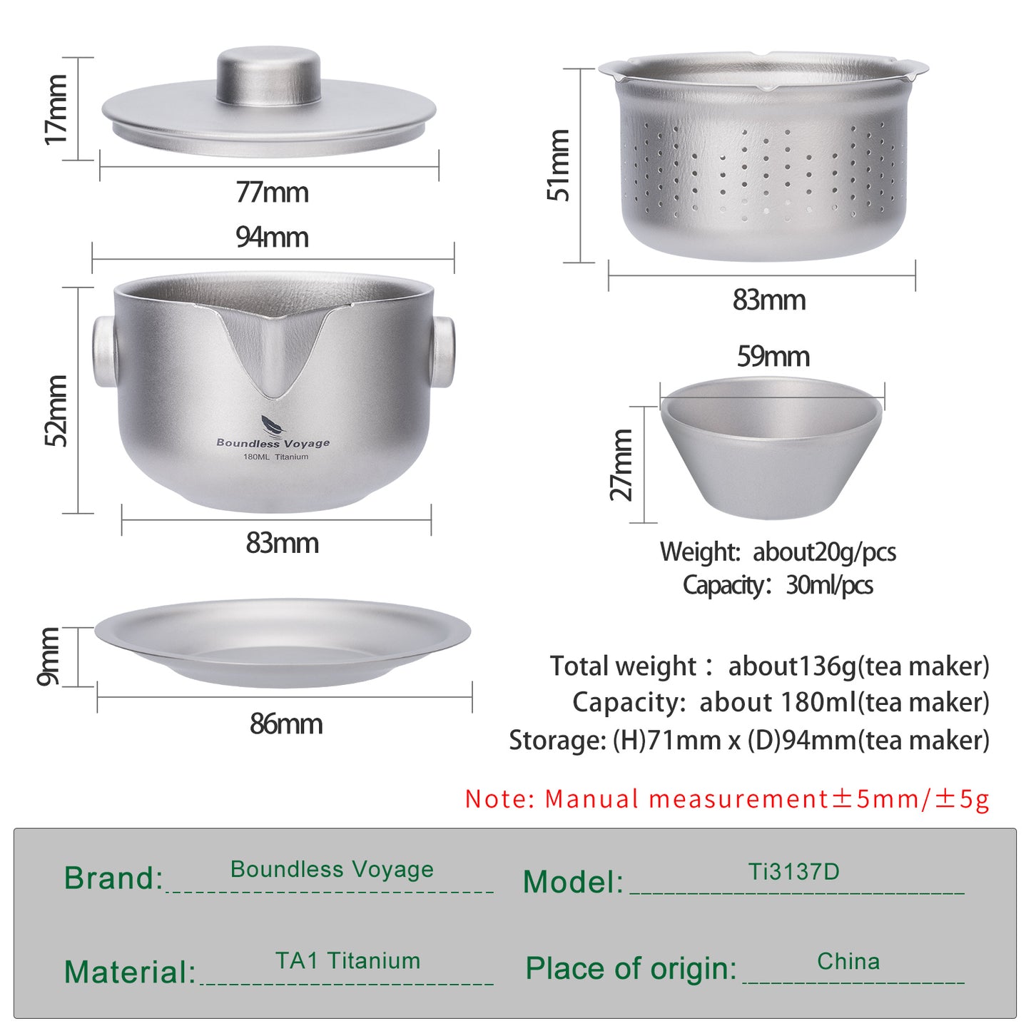 Boundless Voyage 180ml Titanium Double-Layer Tea Set | 136g Ultralight Teapot with 3pcs 30ml Anti-Scald Cups | Stackable Travel Tea Maker for Camping