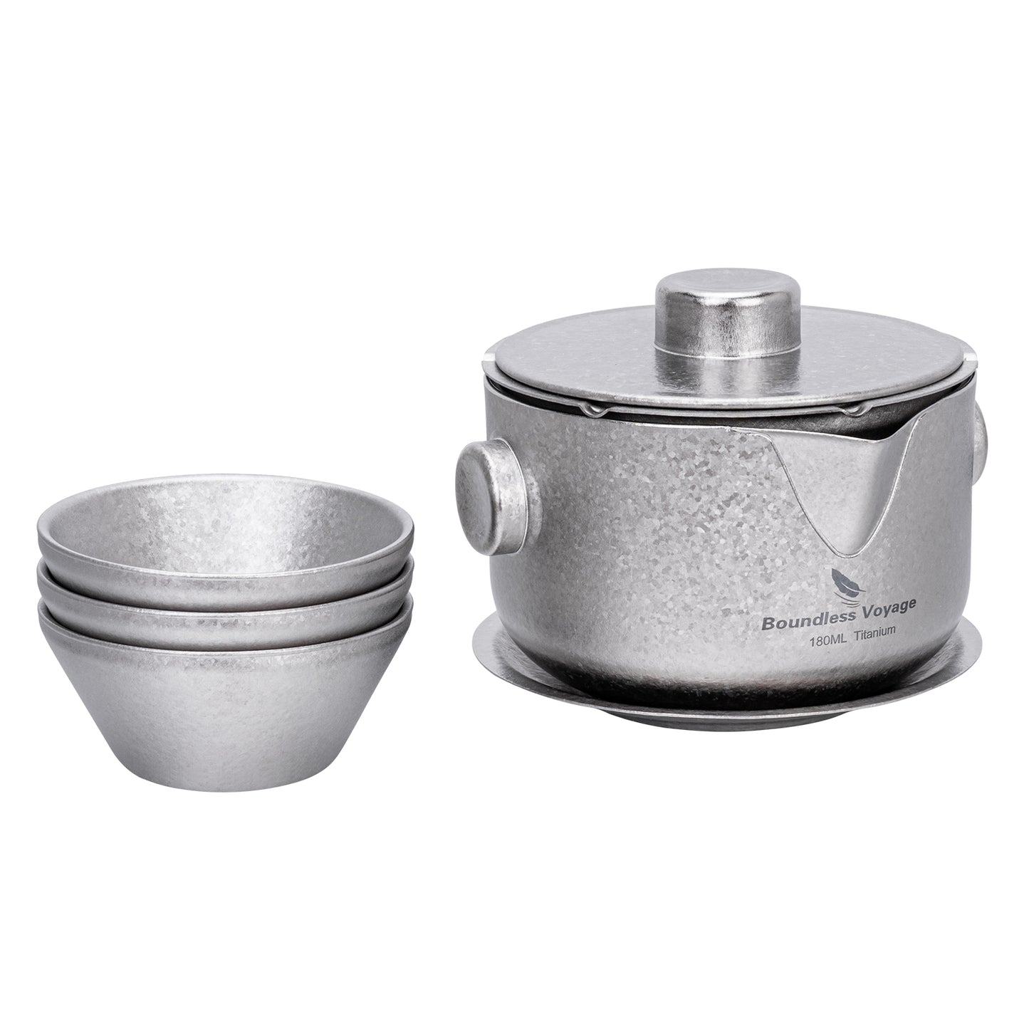 Boundless Voyage 180ml Titanium Double-Layer Tea Set | 136g Ultralight Teapot with 3pcs 30ml Anti-Scald Cups | Stackable Travel Tea Maker for Camping