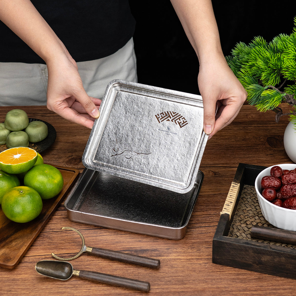 Boundless Voyage Pure Titanium Gongfu Tea Tray – Square Chinese Tea Tray with Plum Blossom Drainage, 450ml Water Collection Base