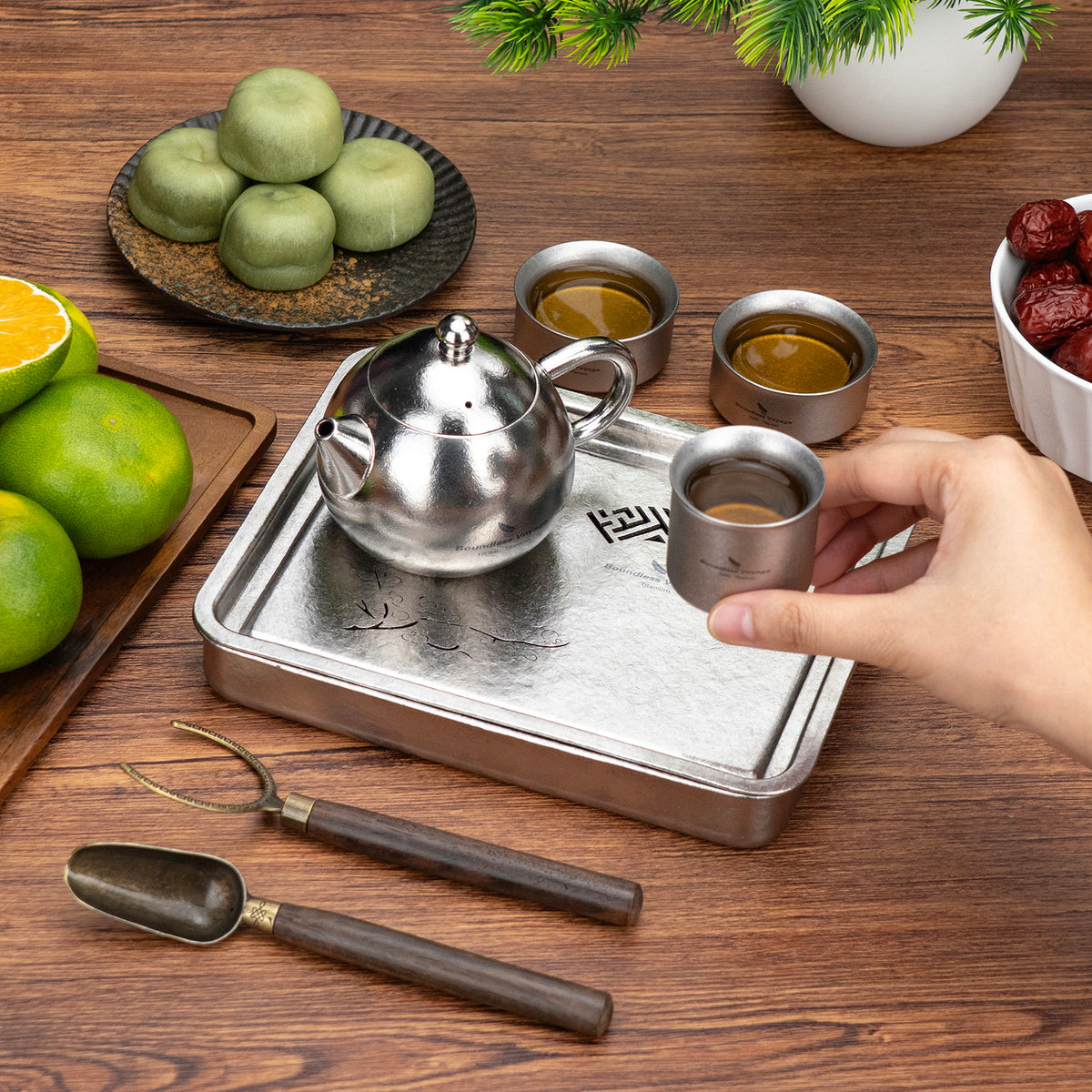 Boundless Voyage Pure Titanium Gongfu Tea Tray – Square Chinese Tea Tray with Plum Blossom Drainage, 450ml Water Collection Base