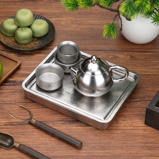 Boundless Voyage Pure Titanium Gongfu Tea Set – Square Tea Tray, 180ml Teapot & 3 Double-Wall Cups, Chinese Tea Ceremony Set
