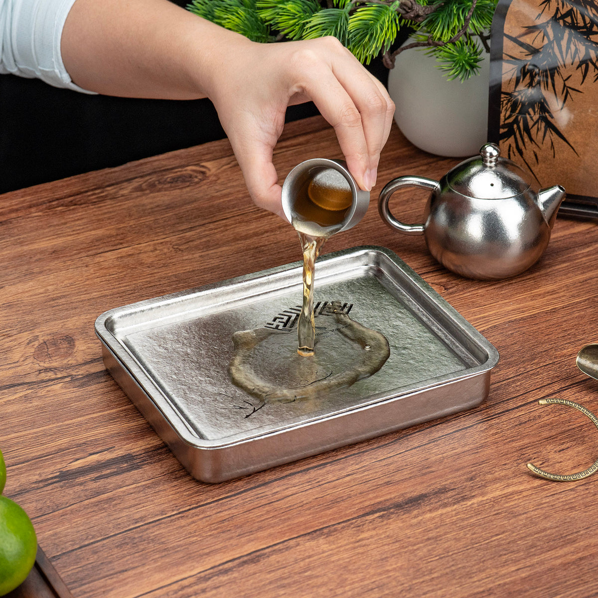 Boundless Voyage Pure Titanium Gongfu Tea Tray – Square Chinese Tea Tray with Plum Blossom Drainage, 450ml Water Collection Base