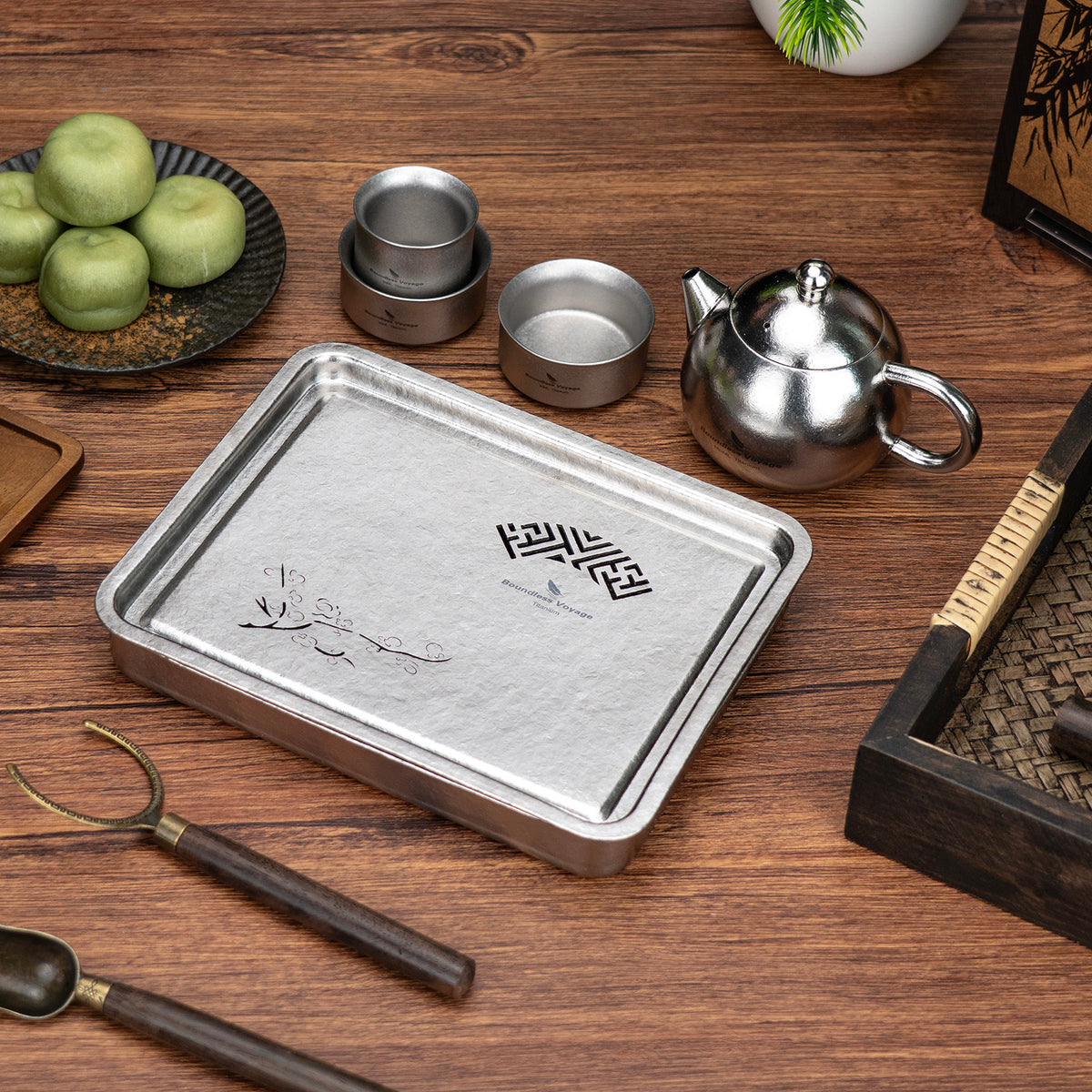 Boundless Voyage Pure Titanium Gongfu Tea Tray – Square Chinese Tea Tray with Plum Blossom Drainage, 450ml Water Collection Base