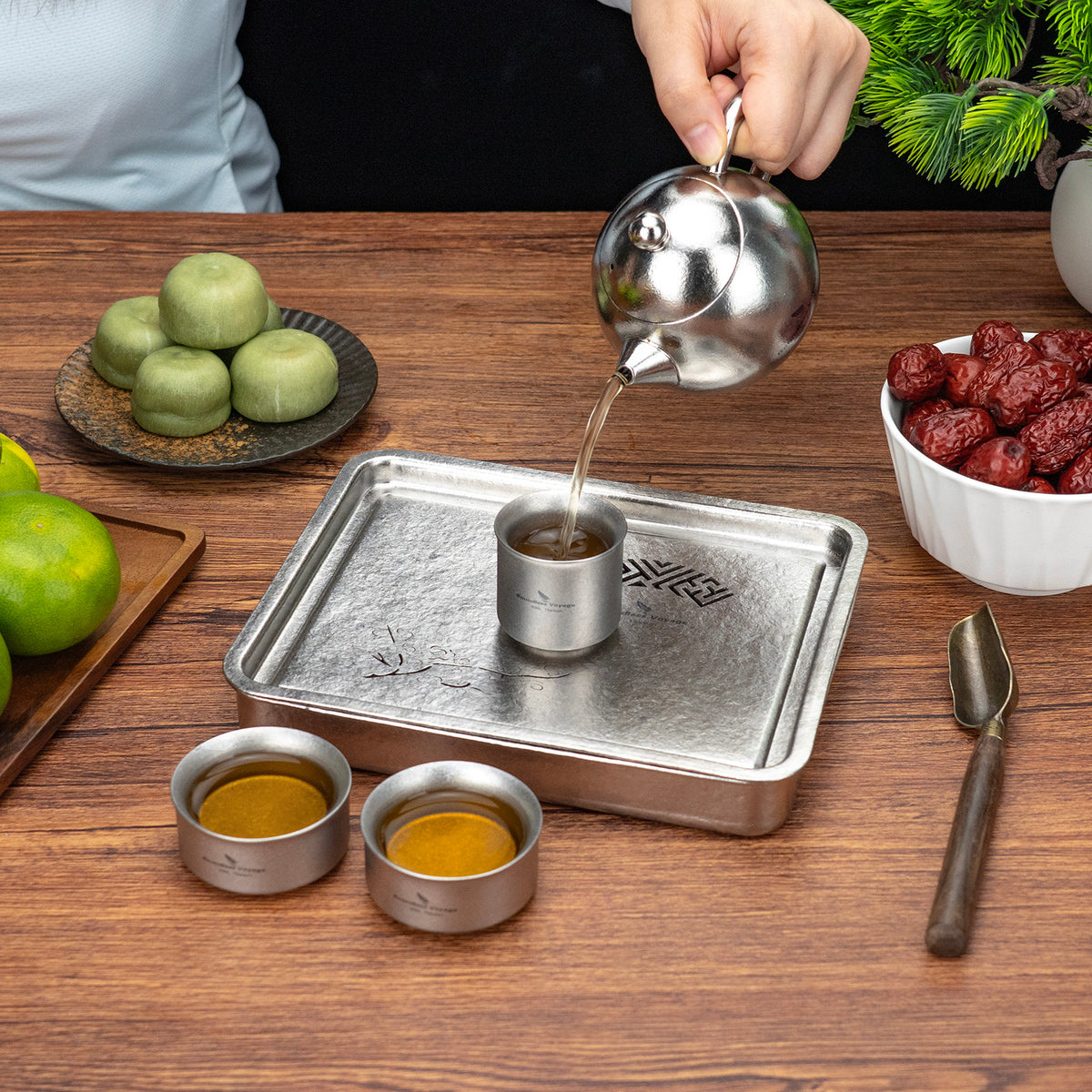 Boundless Voyage Pure Titanium Gongfu Tea Tray – Square Chinese Tea Tray with Plum Blossom Drainage, 450ml Water Collection Base