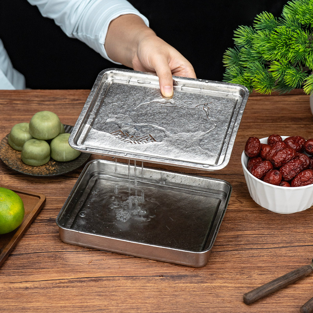 Boundless Voyage Pure Titanium Gongfu Tea Tray – Square Chinese Tea Tray with Plum Blossom Drainage, 450ml Water Collection Base