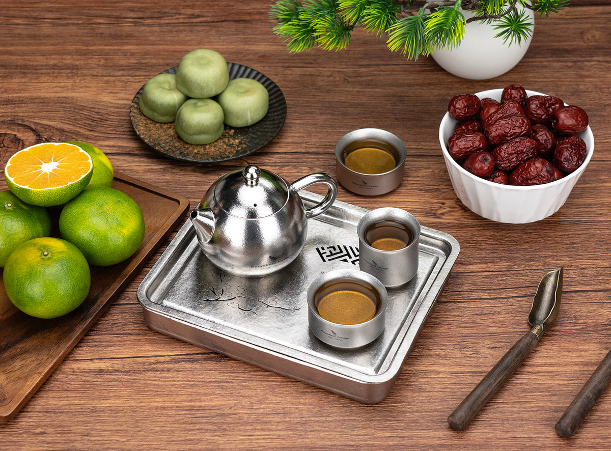 Boundless Voyage Pure Titanium Gongfu Tea Set – Square Tea Tray, 180ml Teapot & 3 Double-Wall Cups, Chinese Tea Ceremony Set