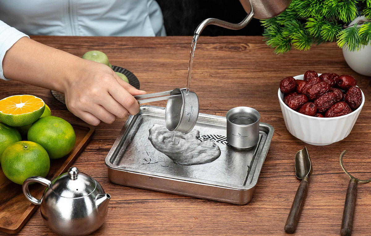 Boundless Voyage Pure Titanium Gongfu Tea Tray – Square Chinese Tea Tray with Plum Blossom Drainage, 450ml Water Collection Base