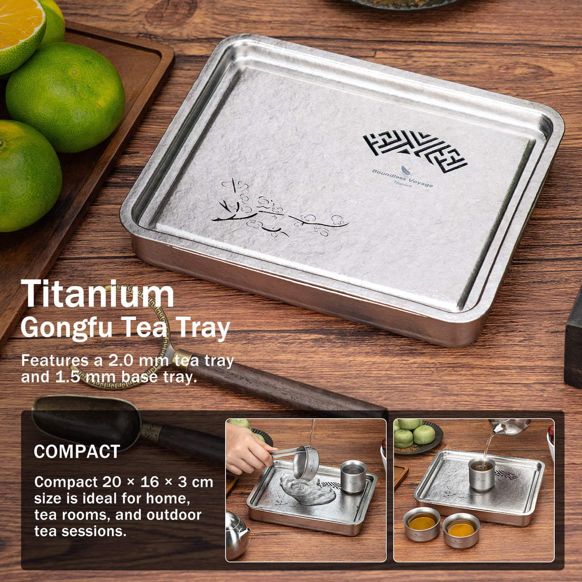 Boundless Voyage Pure Titanium Gongfu Tea Tray – Square Chinese Tea Tray with Plum Blossom Drainage, 450ml Water Collection Base