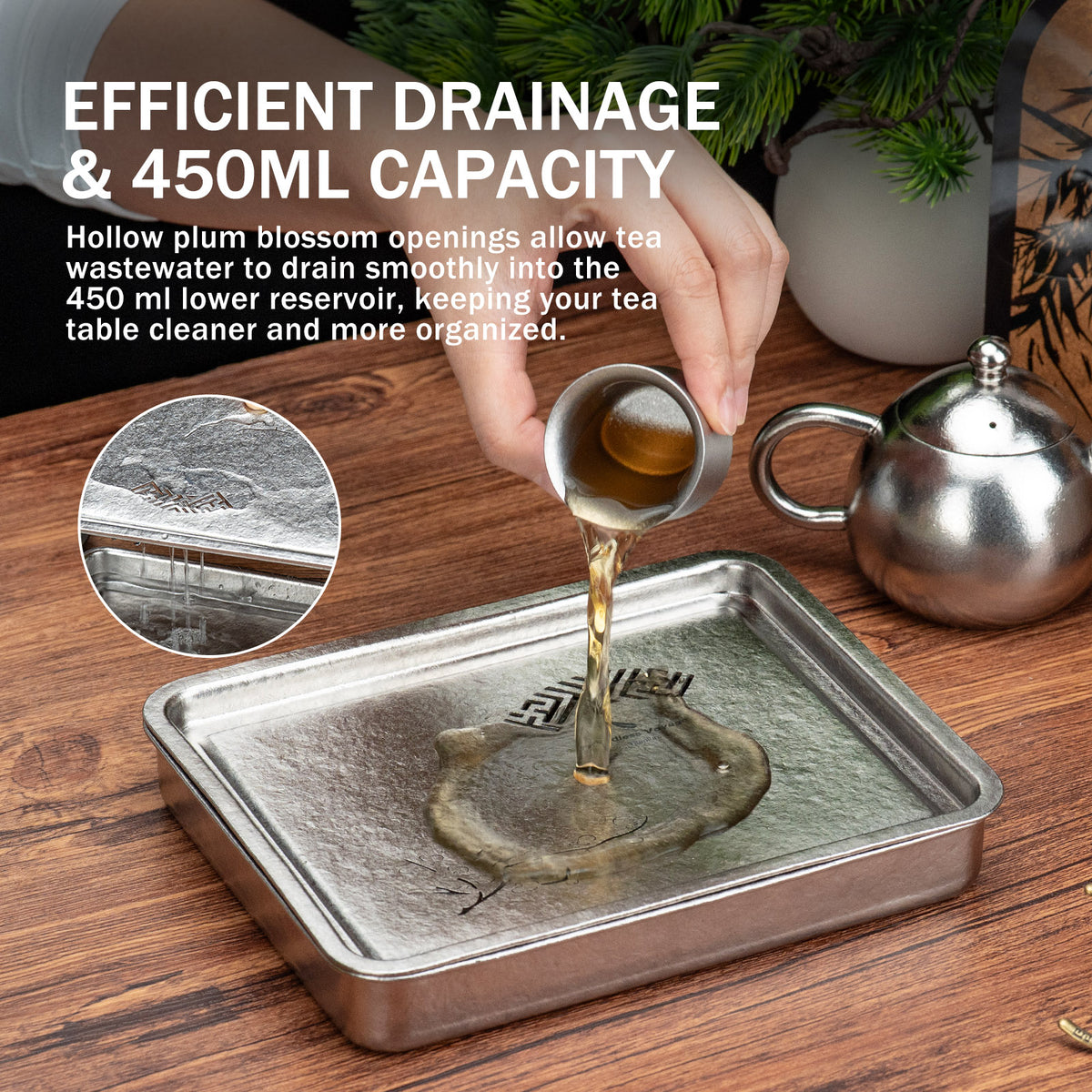 Boundless Voyage Pure Titanium Gongfu Tea Tray – Square Chinese Tea Tray with Plum Blossom Drainage, 450ml Water Collection Base