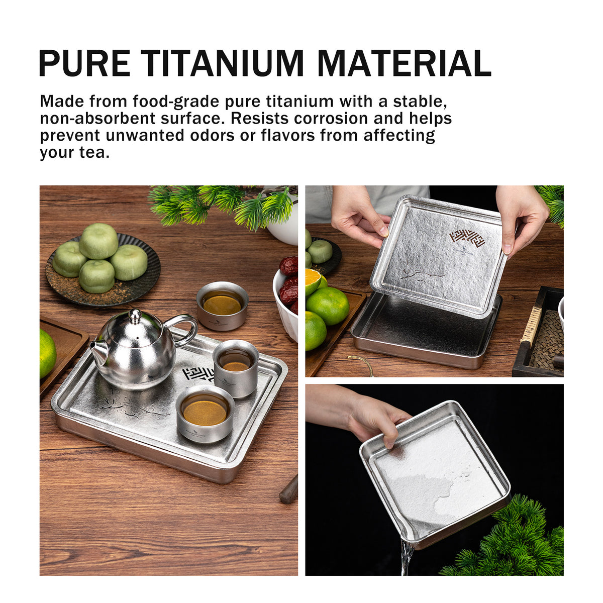 Boundless Voyage Pure Titanium Gongfu Tea Set – Square Tea Tray, 180ml Teapot & 3 Double-Wall Cups, Chinese Tea Ceremony Set