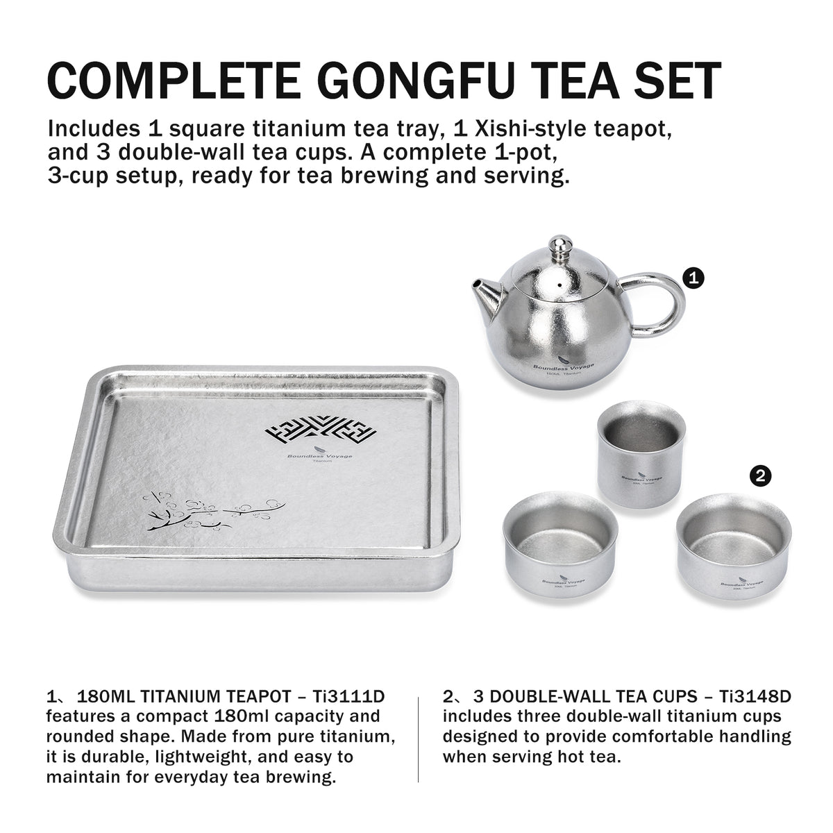 Boundless Voyage Pure Titanium Gongfu Tea Tray – Square Chinese Tea Tray with Plum Blossom Drainage, 450ml Water Collection Base