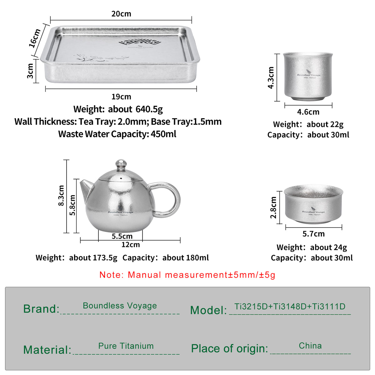 Boundless Voyage Pure Titanium Gongfu Tea Set – Square Tea Tray, 180ml Teapot & 3 Double-Wall Cups, Chinese Tea Ceremony Set