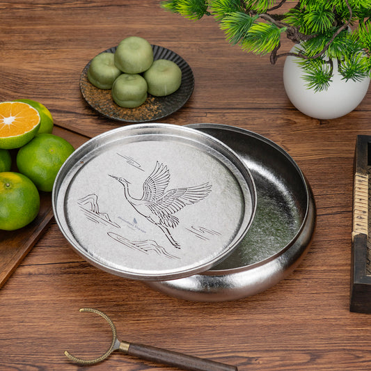 Boundless Voyage Pure Titanium Gongfu Tea Tray – Round Chinese Tea Tray with Crane & Landscape Drainage, 1300ml Water Collection Base