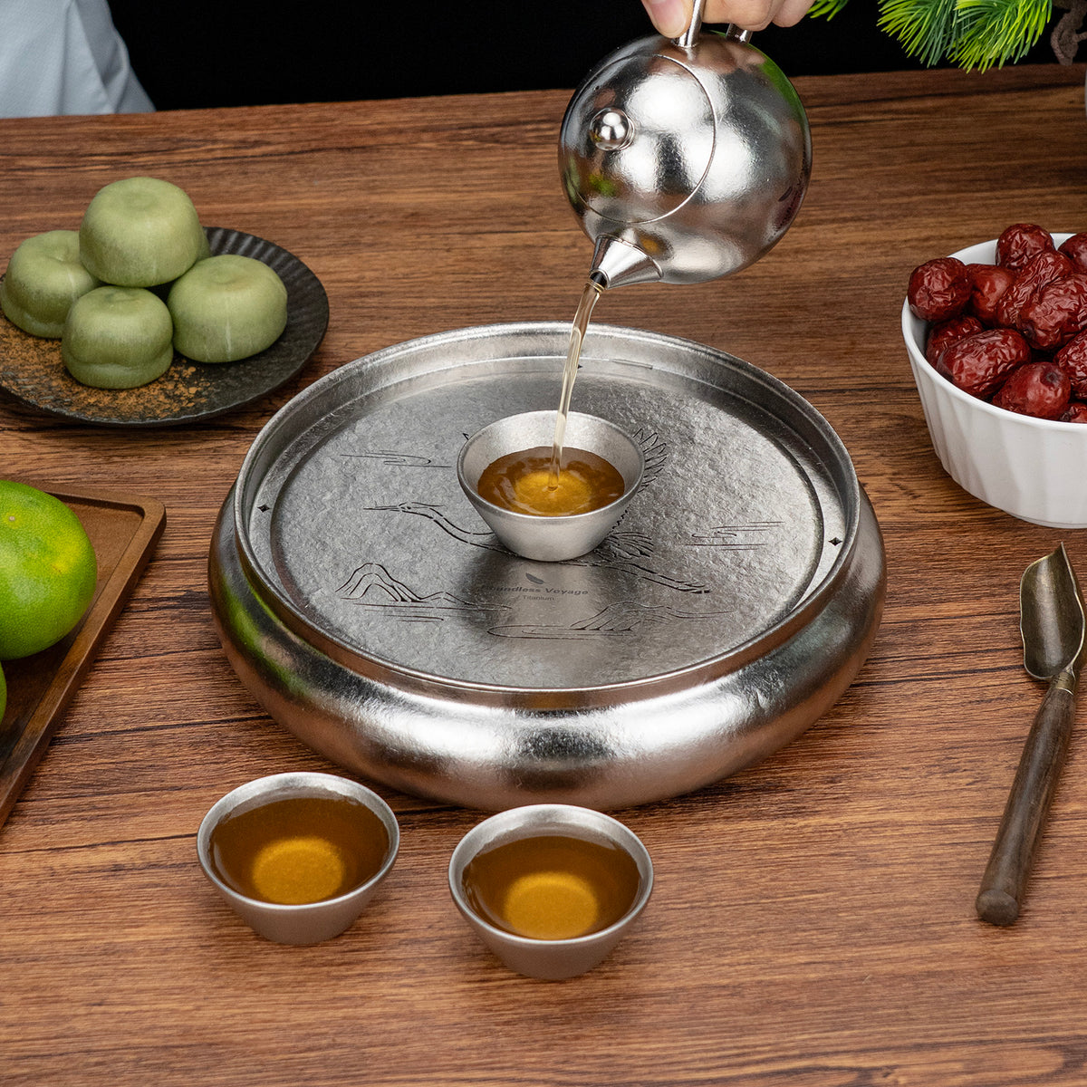 Boundless Voyage Pure Titanium Gongfu Tea Set – Round Tea Tray, 180ml Teapot & 3 Double-Wall Cups, Chinese Tea Ceremony Set