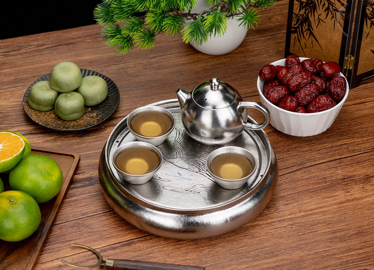 Boundless Voyage Pure Titanium Gongfu Tea Set – Round Tea Tray, 180ml Teapot & 3 Double-Wall Cups, Chinese Tea Ceremony Set