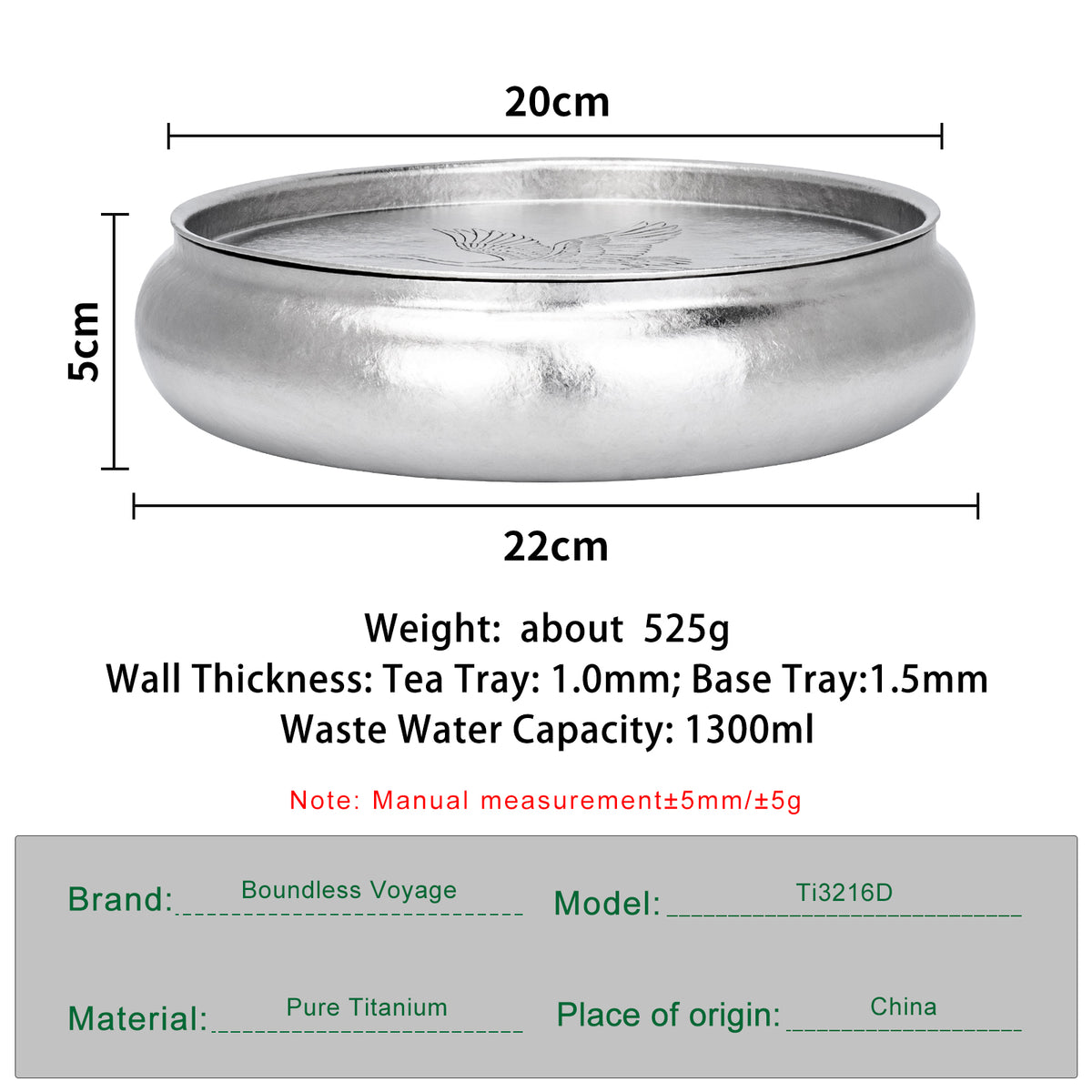 Boundless Voyage Pure Titanium Gongfu Tea Tray – Round Chinese Tea Tray with Crane & Landscape Drainage, 1300ml Water Collection Base