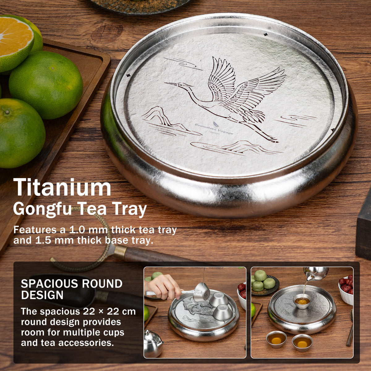 Boundless Voyage Pure Titanium Gongfu Tea Set – Round Tea Tray, 180ml Teapot & 3 Double-Wall Cups, Chinese Tea Ceremony Set