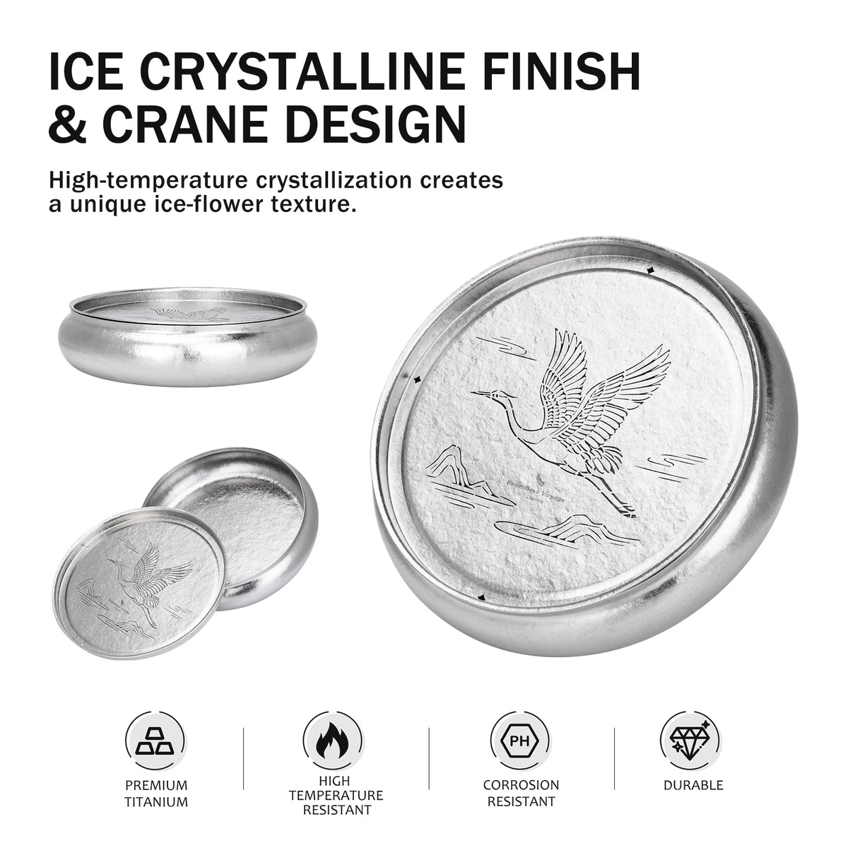Boundless Voyage Pure Titanium Gongfu Tea Tray – Round Chinese Tea Tray with Crane & Landscape Drainage, 1300ml Water Collection Base