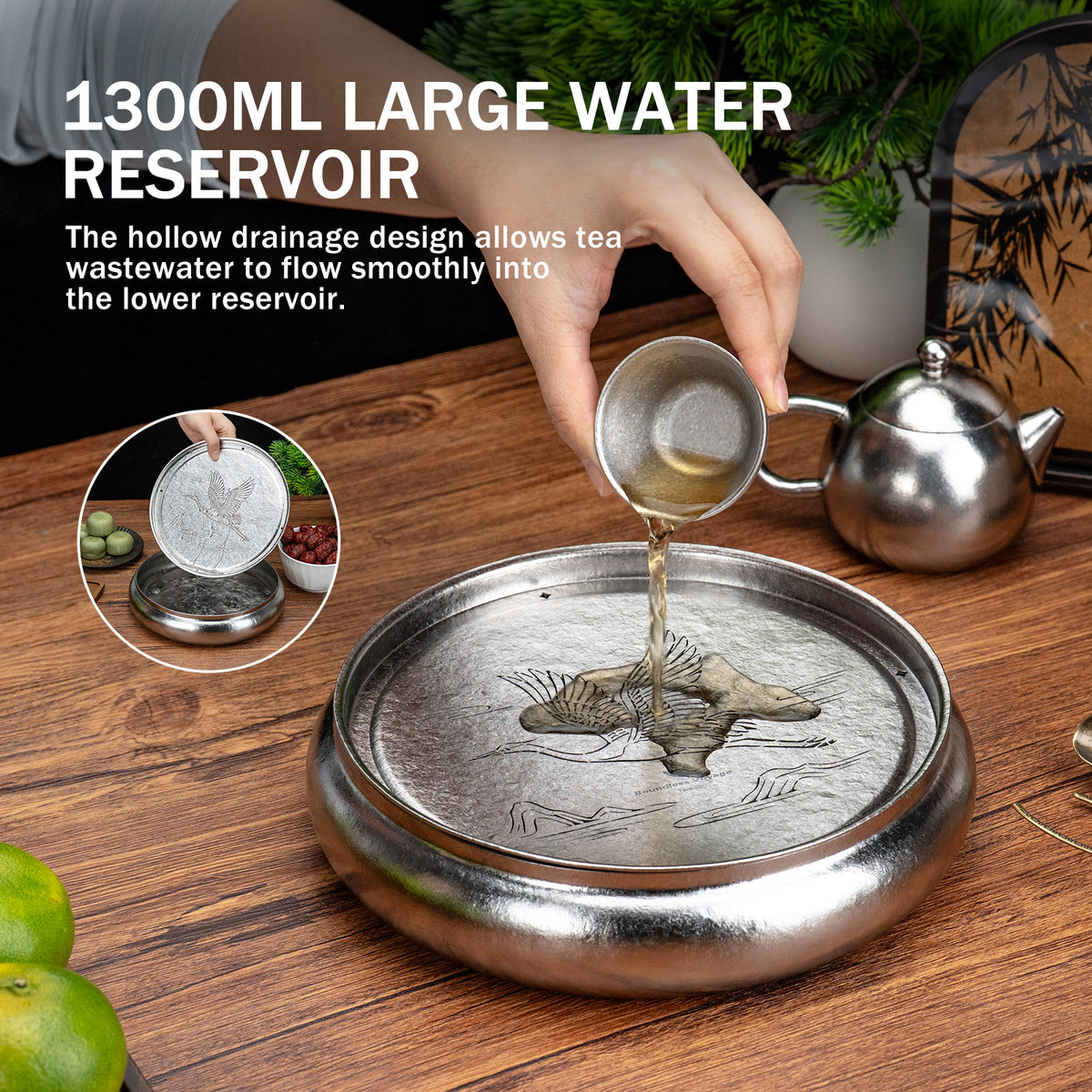 Boundless Voyage Pure Titanium Gongfu Tea Tray – Round Chinese Tea Tray with Crane & Landscape Drainage, 1300ml Water Collection Base