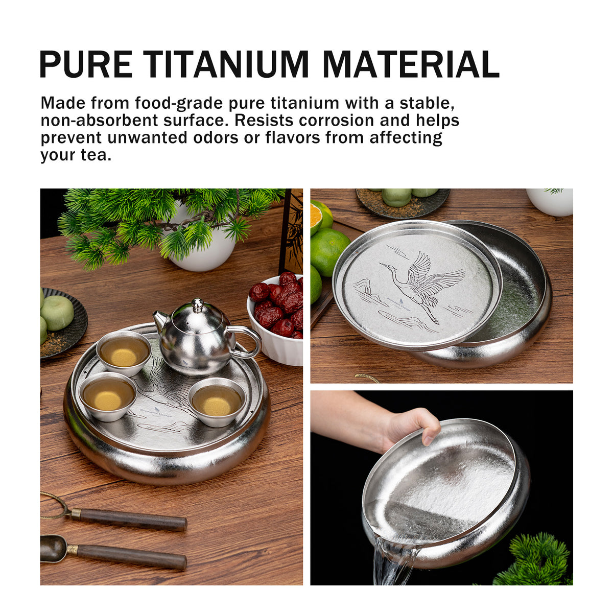 Boundless Voyage Pure Titanium Gongfu Tea Tray – Round Chinese Tea Tray with Crane & Landscape Drainage, 1300ml Water Collection Base