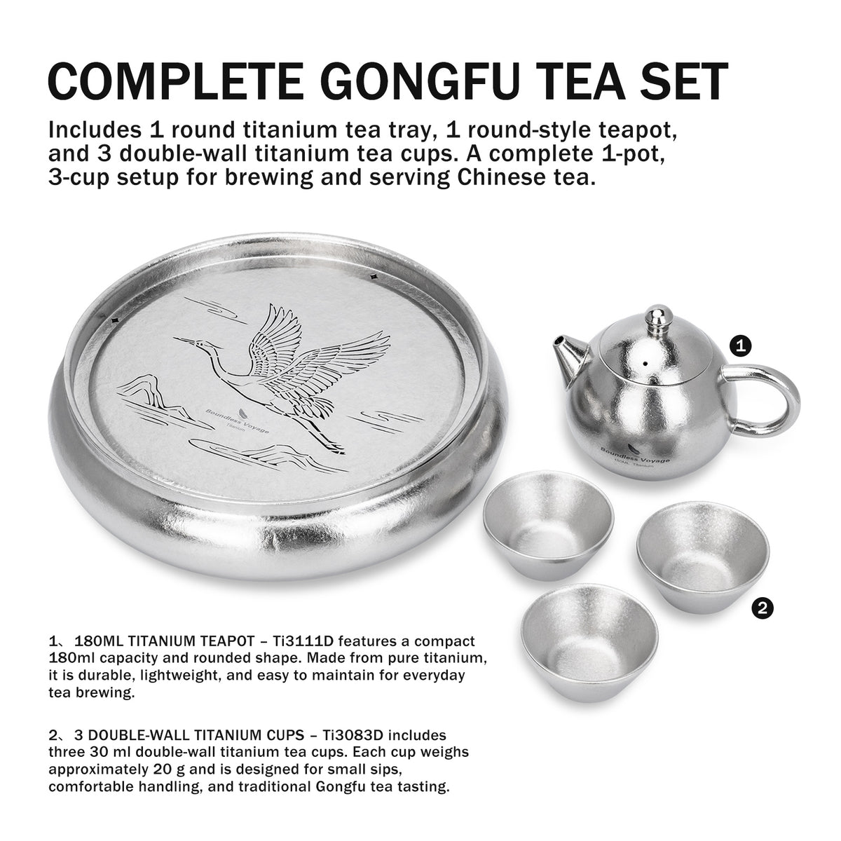 Boundless Voyage Pure Titanium Gongfu Tea Tray – Round Chinese Tea Tray with Crane & Landscape Drainage, 1300ml Water Collection Base