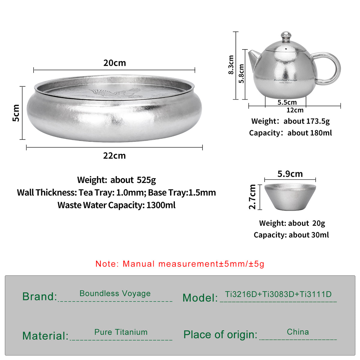 Boundless Voyage Pure Titanium Gongfu Tea Set – Round Tea Tray, 180ml Teapot & 3 Double-Wall Cups, Chinese Tea Ceremony Set