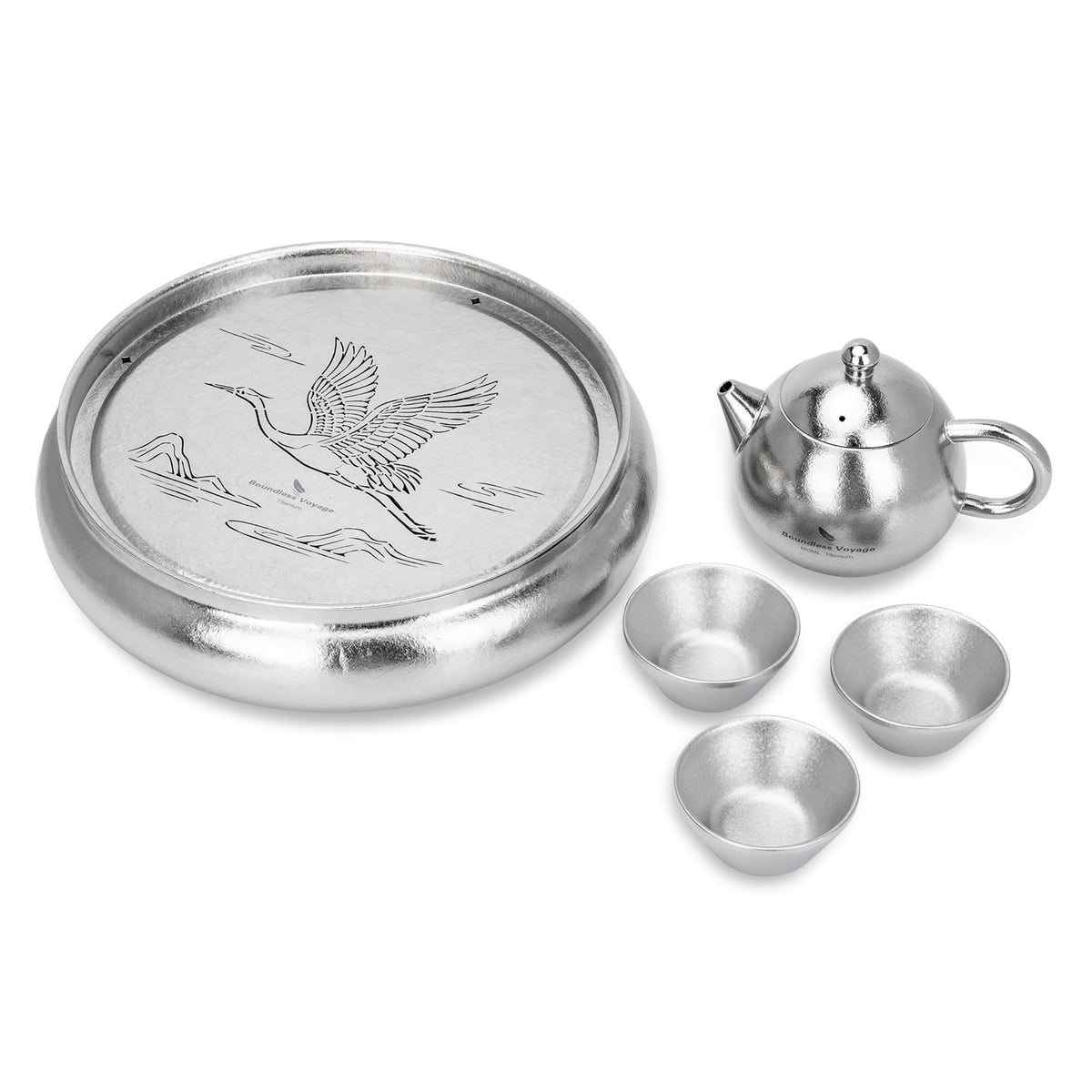 Boundless Voyage Pure Titanium Gongfu Tea Set – Round Tea Tray, 180ml Teapot & 3 Double-Wall Cups, Chinese Tea Ceremony Set