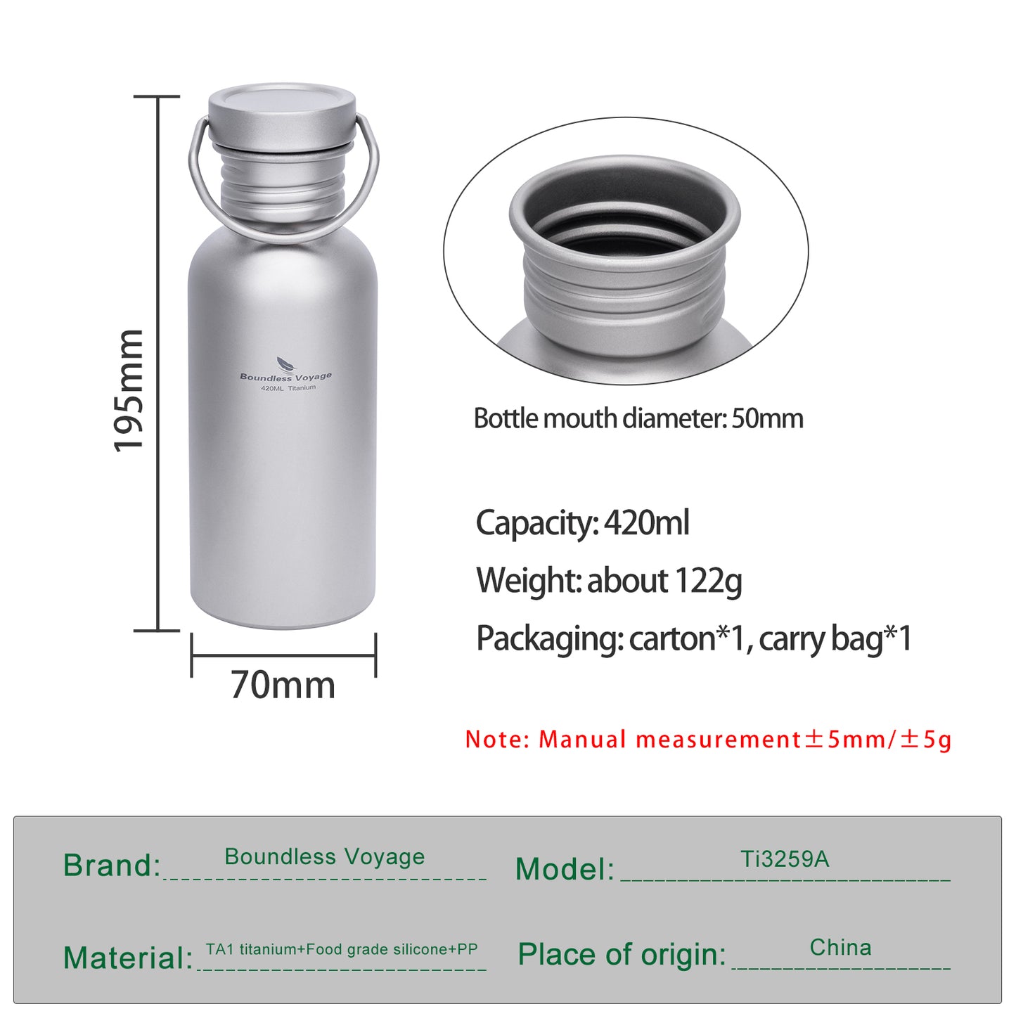 Boundless Voyage 420ml Titanium Water Bottle with Lid – Wide Mouth, Leak-Proof & Reusable Bottle for Camping, Hiking, and Everyday Use