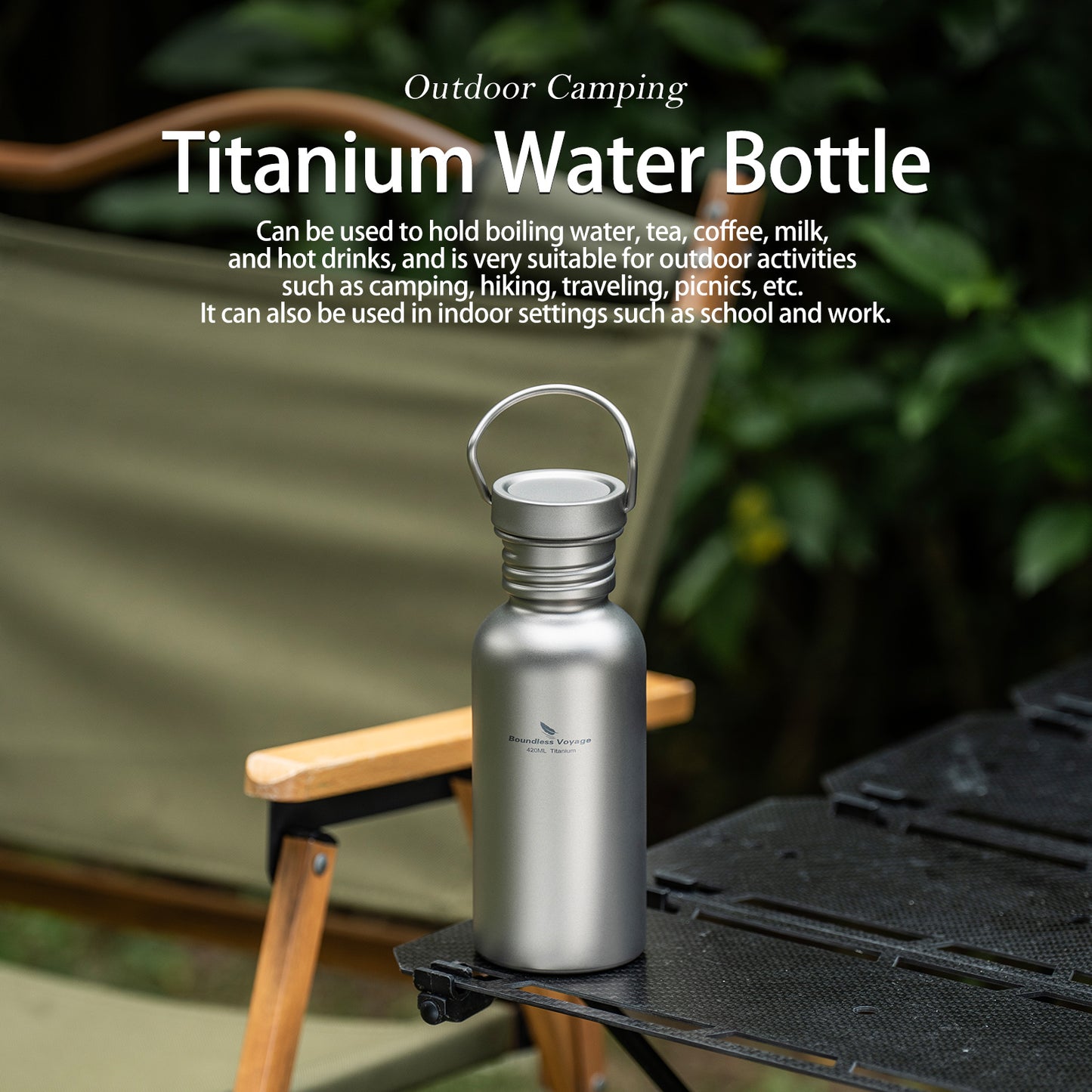 Boundless Voyage 420ml Titanium Water Bottle with Lid – Wide Mouth, Leak-Proof & Reusable Bottle for Camping, Hiking, and Everyday Use