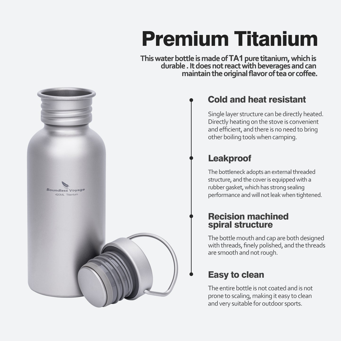 Boundless Voyage 420ml Titanium Water Bottle with Lid – Wide Mouth, Leak-Proof & Reusable Bottle for Camping, Hiking, and Everyday Use