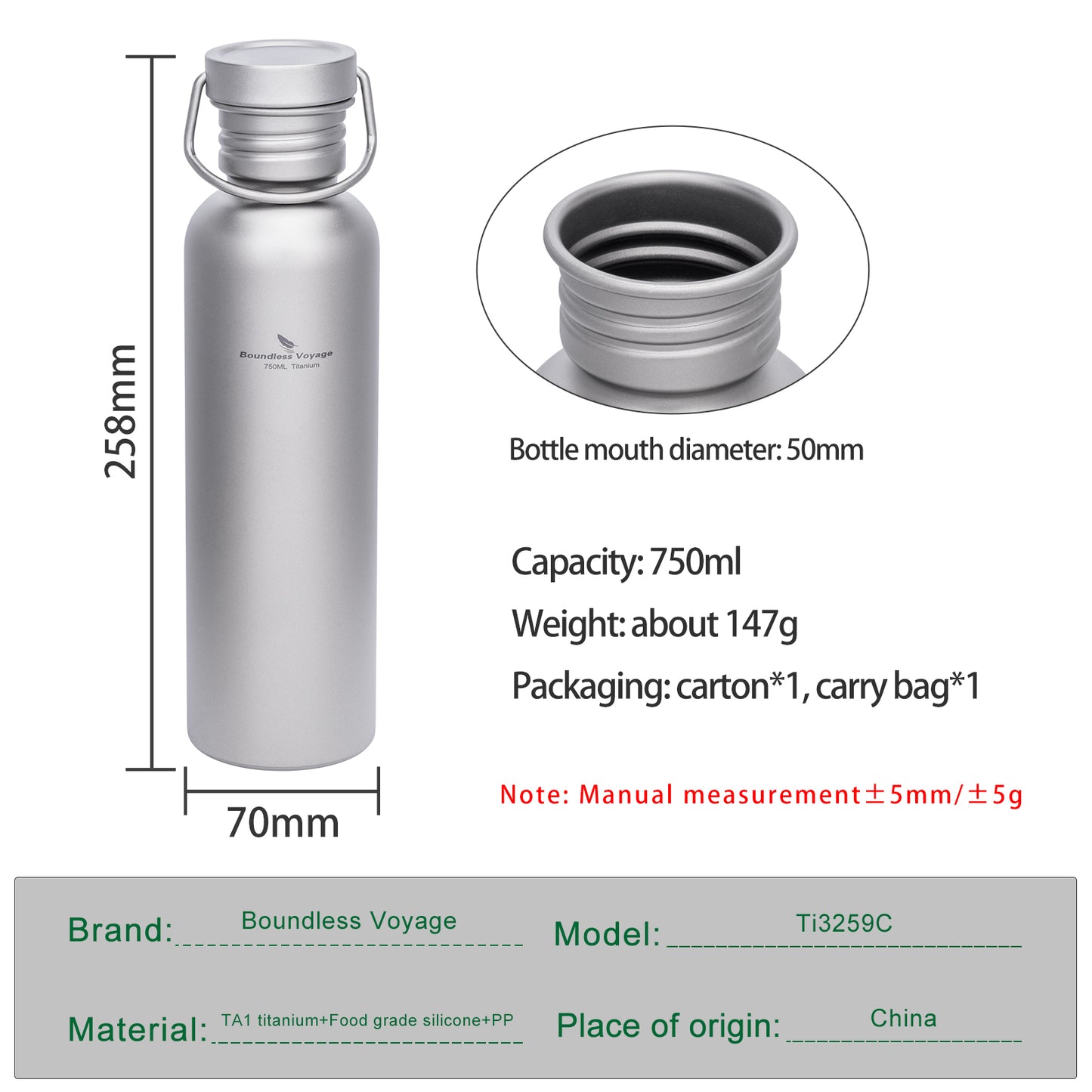 Boundless Voyage 750ml Titanium Water Bottle with Lid – Eco-Friendly, Leak-Proof & Reusable | Wide Mouth for Camping, Hiking & Daily Use