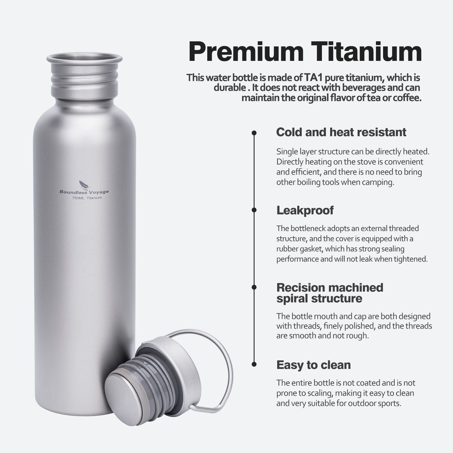 Boundless Voyage 750ml Titanium Water Bottle with Lid – Eco-Friendly, Leak-Proof & Reusable | Wide Mouth for Camping, Hiking & Daily Use