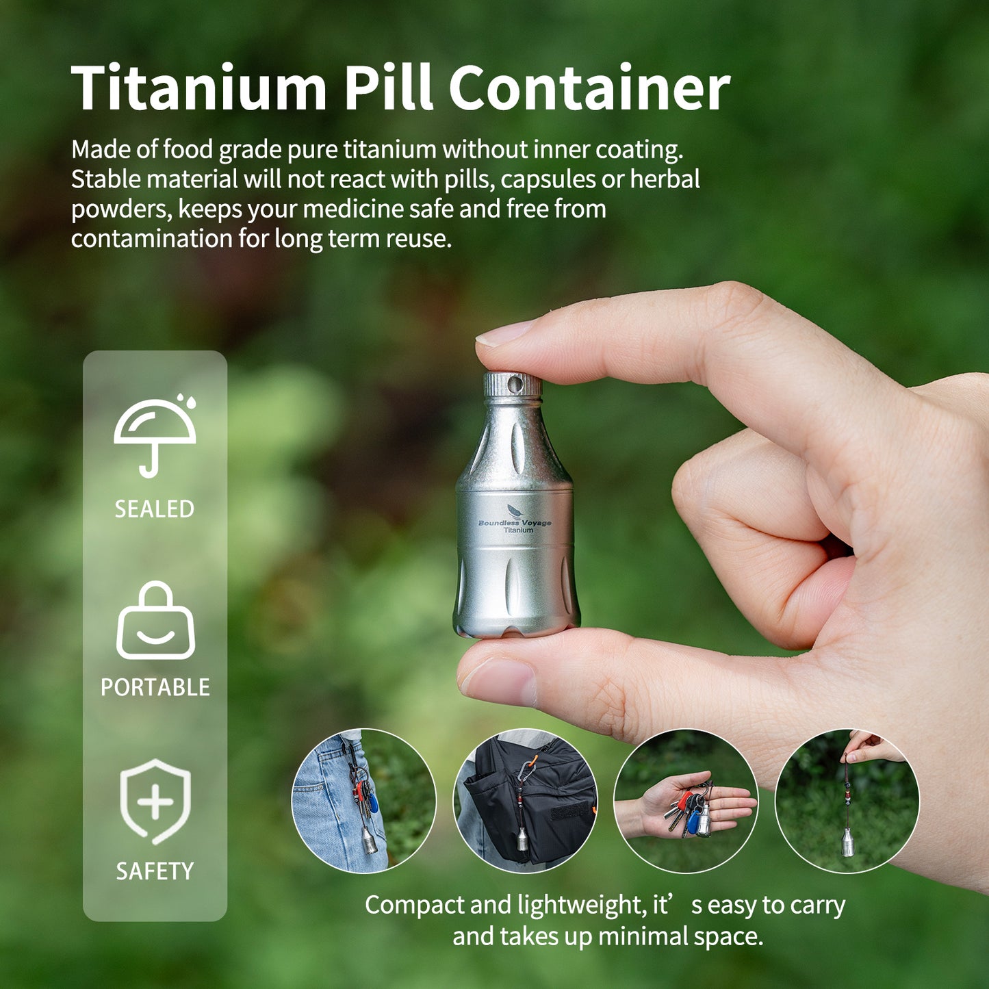 Boundless Voyage Titanium Pill Container – Waterproof Mini Keychain Pill Holder, Ultralight EDC Storage Case for Travel & Camping