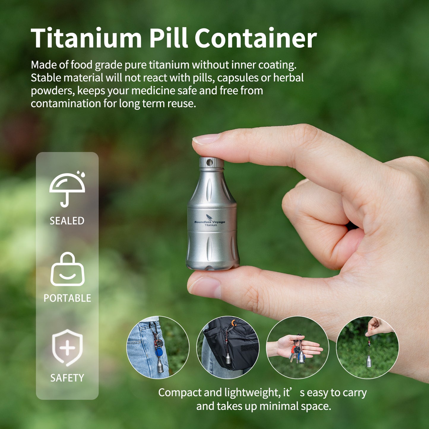 Boundless Voyage Titanium Pill Container – Waterproof Mini Keychain Pill Holder, Ultralight EDC Storage Case for Travel & Camping