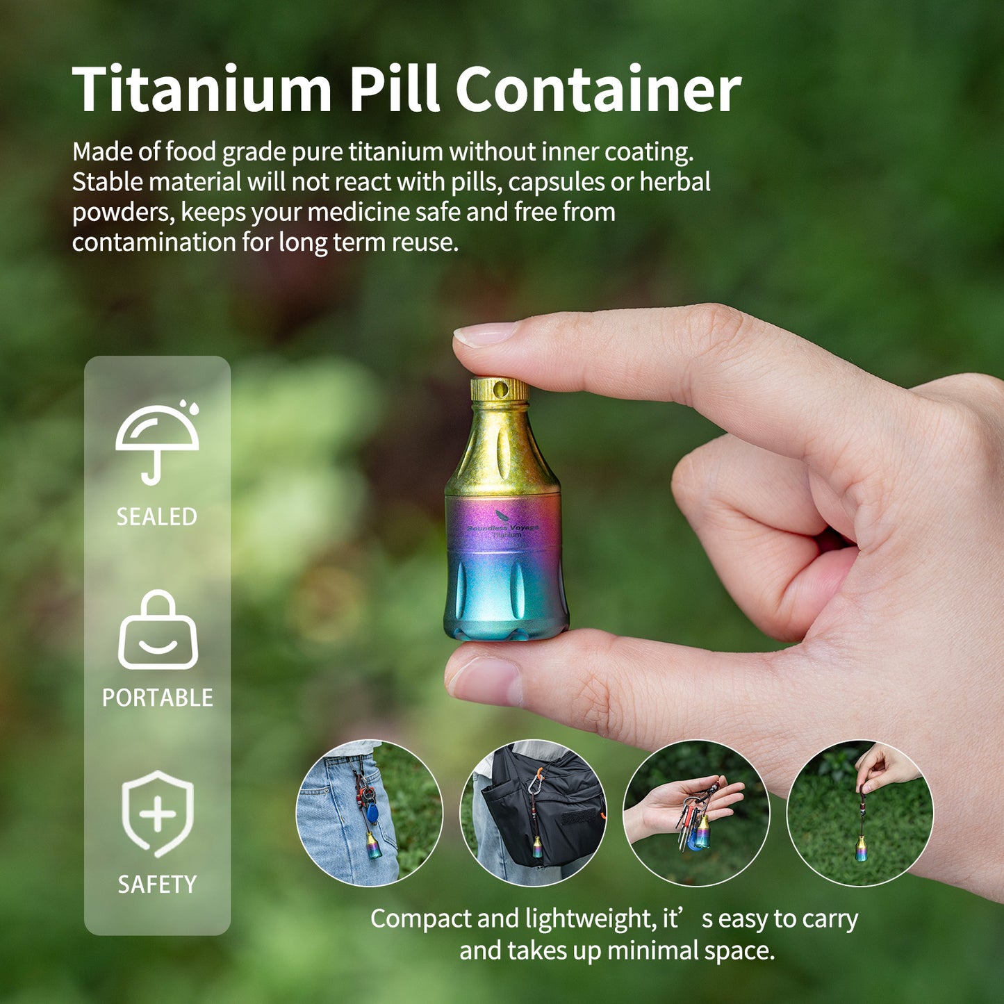 Boundless Voyage Titanium Pill Container – Waterproof Mini Keychain Pill Holder, Ultralight EDC Storage Case for Travel & Camping