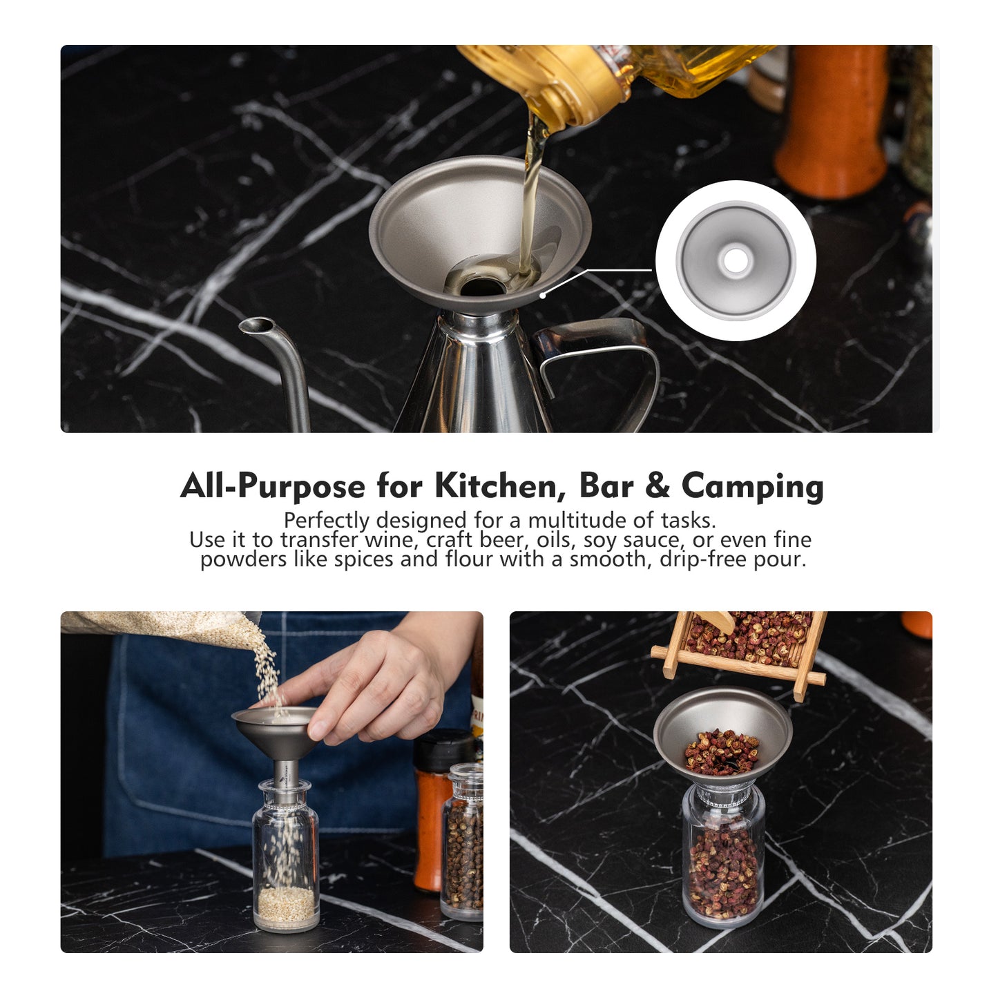 Boundless Voyage Titanium Funnel | Ultralight No-Spill Refilling Tool | Anti-Clog Food-Grade Metal Funnel for Hip Flasks, Essential Oils, Lab & Camping Kitchen