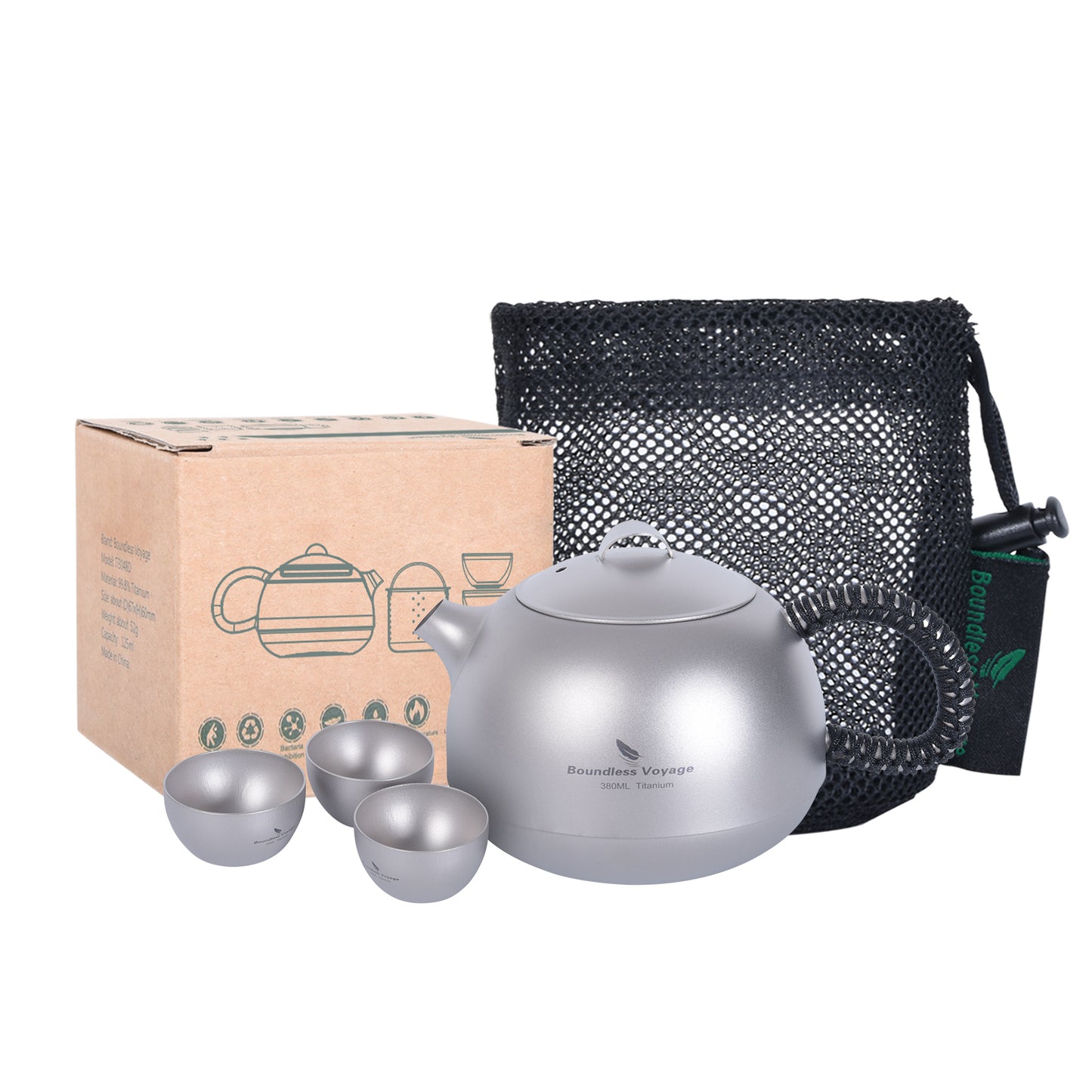 Boundless Voyage Titanium Kung Fu Tea Set | 380ml Kettle & 3PCS 25ml Cups | Anti-Scald Ultralight Tea Maker for Camping, Hiking & Travel