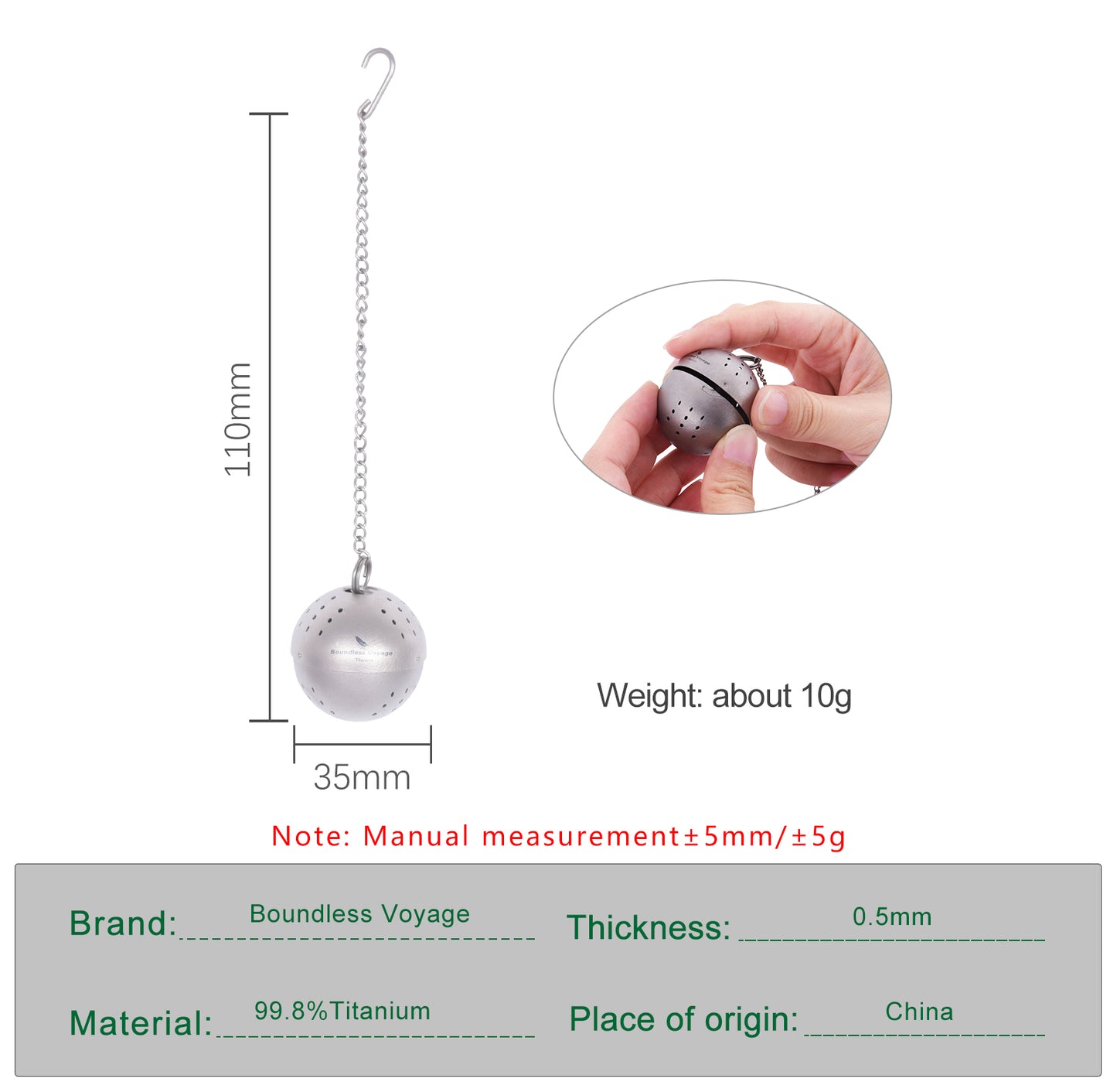 Boundless Voyage 10g Ultralight Titanium Tea Ball Infuser | Extra Fine Mesh Tea Steeper with Extended Chain | Rust-Proof Portable Filter for Loose Leaf Tea