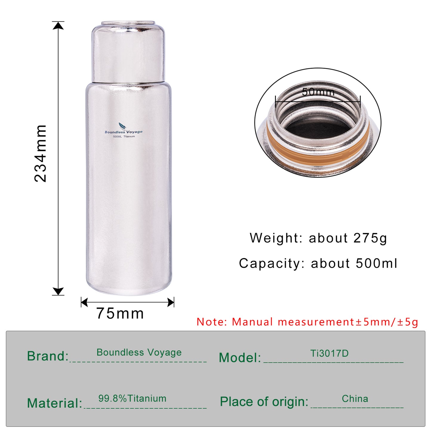 Boundless Voyage 500ml Titanium Bottle with Lid Double-Walled Insulated Water Bottle Keeps Hot or Cold