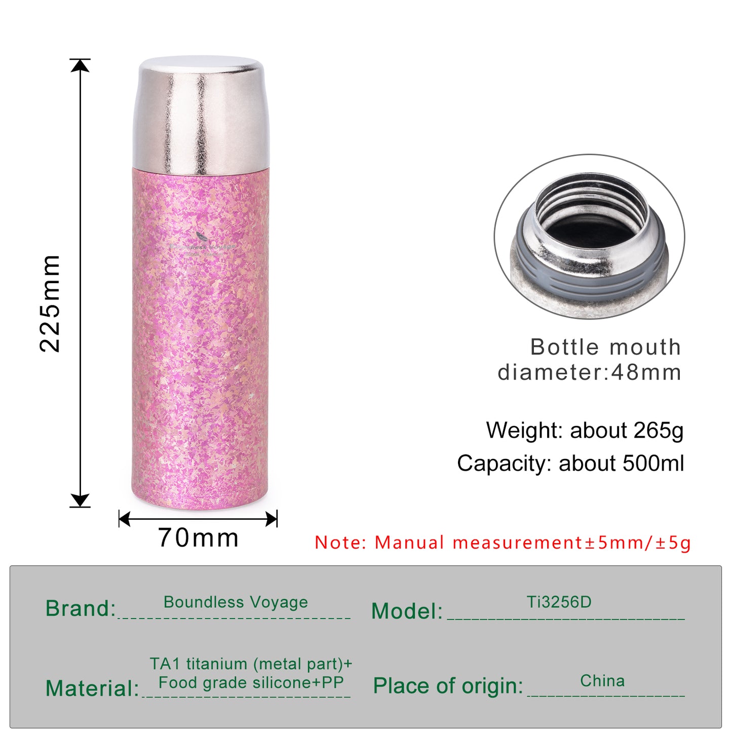 Boundless Voyage 500ml Titanium Insulated Water Bottle Reusable Double Walled Bottle Ultralight Leakproof Drinkware for Outdoor Camping Hiking