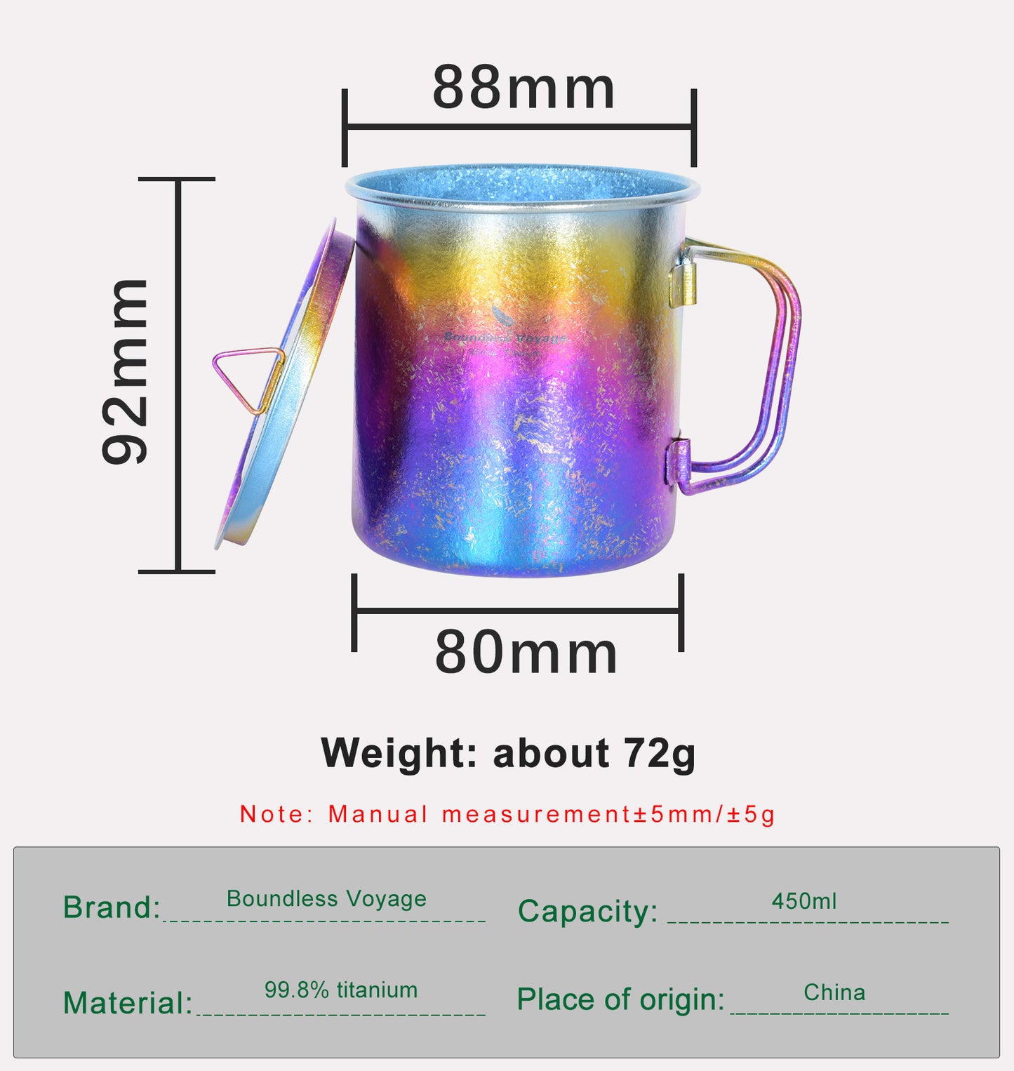 Boundless Voyage Outdoor Titanium  Colorful Cup 450ml Camping Mug Foldable Handle Outdoor Hiking Ultralight Portable Water Coffee Tea Cup