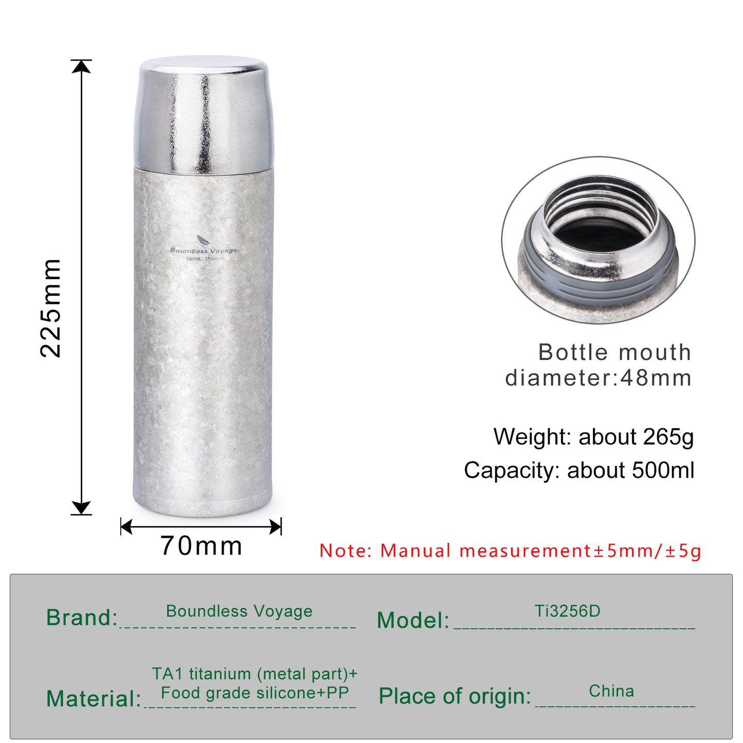 Boundless Voyage 500ml Titanium Insulated Water Bottle Reusable Double Walled Bottle Ultralight Leakproof Drinkware for Outdoor Camping Hiking