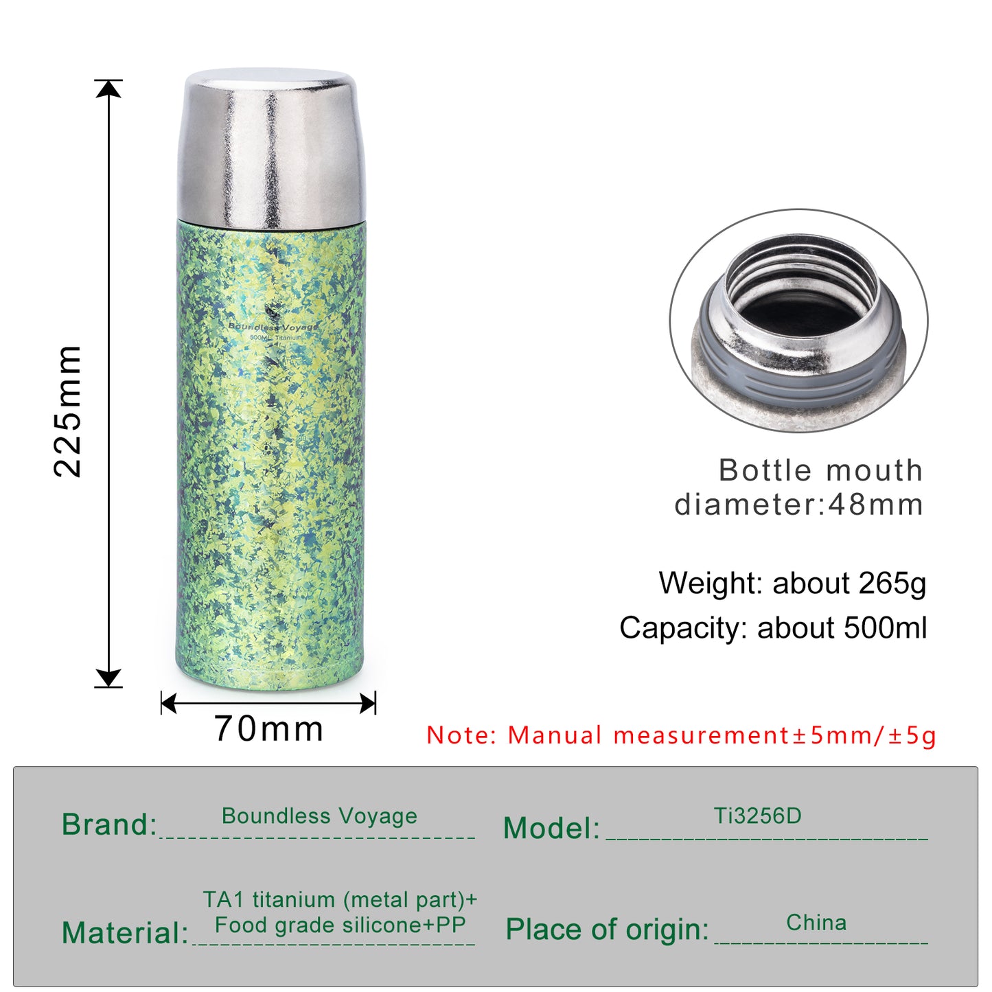 Boundless Voyage 500ml Titanium Insulated Water Bottle Reusable Double Walled Bottle Ultralight Leakproof Drinkware for Outdoor Camping Hiking