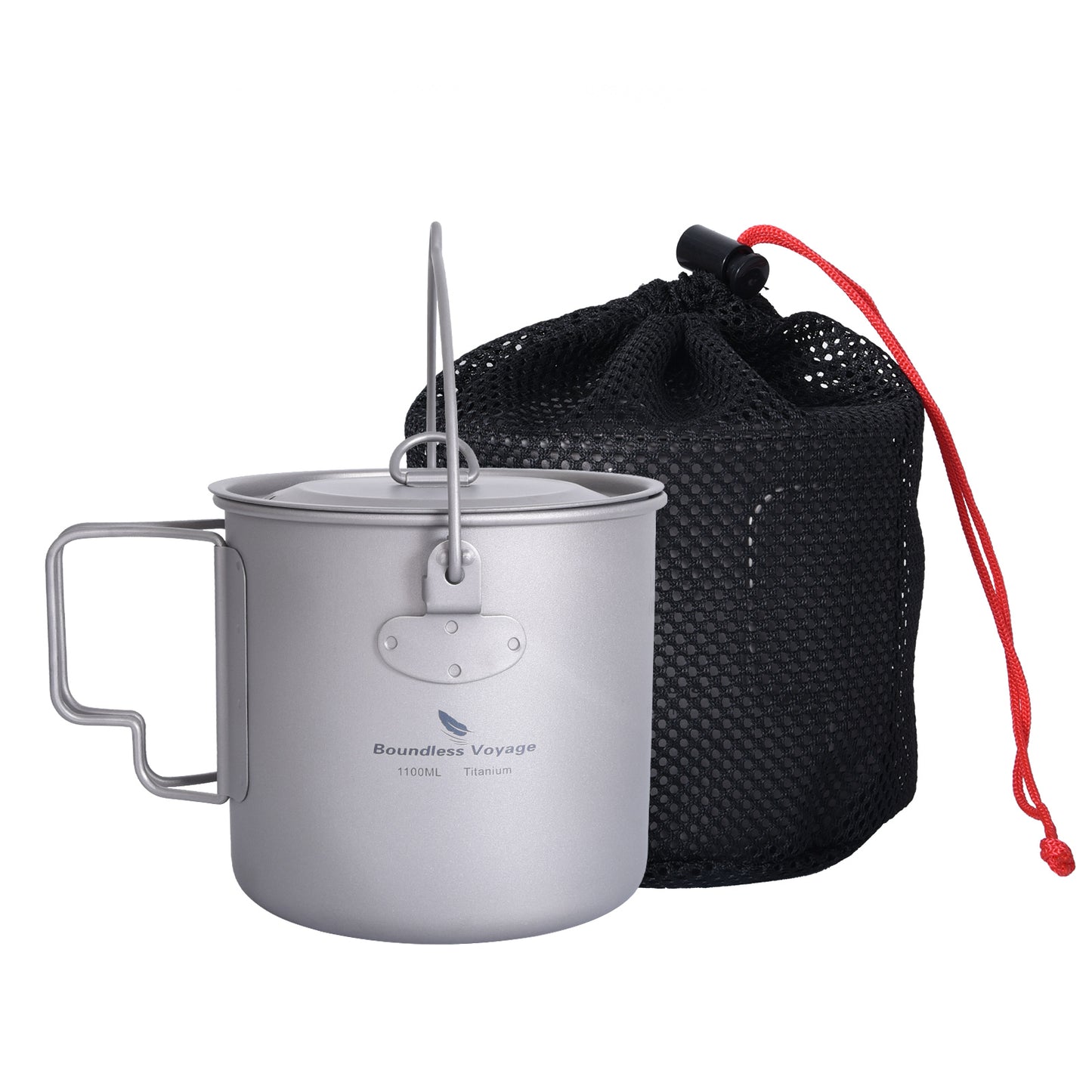 Boundless Voyage Outdoor Titanium Mug Hanging Cup 1100ml+lid Camping Pot with Lid Foldable Handle Outdoor Hiking Ultralight Portable Water Cup