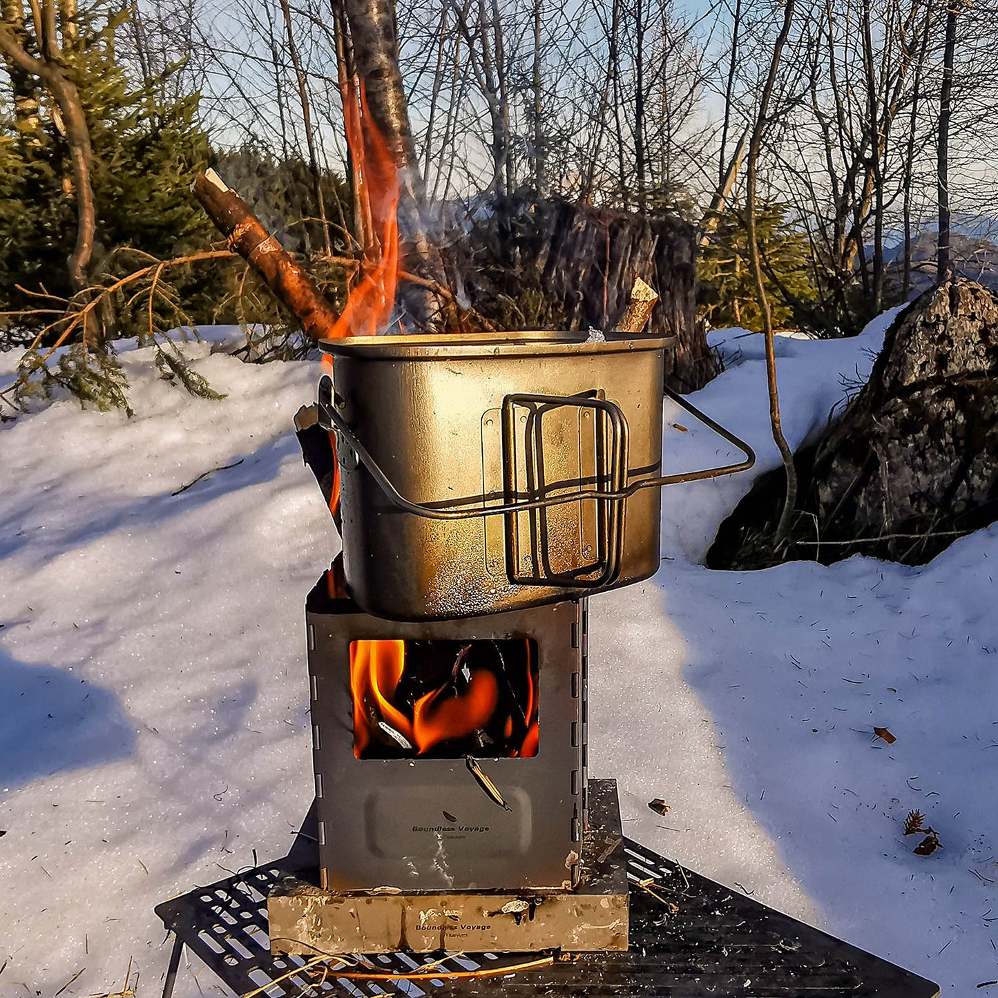 Boundless Voyage Outdoor Titanium Folding Wood Stove With Pot Bracket Camping Charcoal Burner Furnace