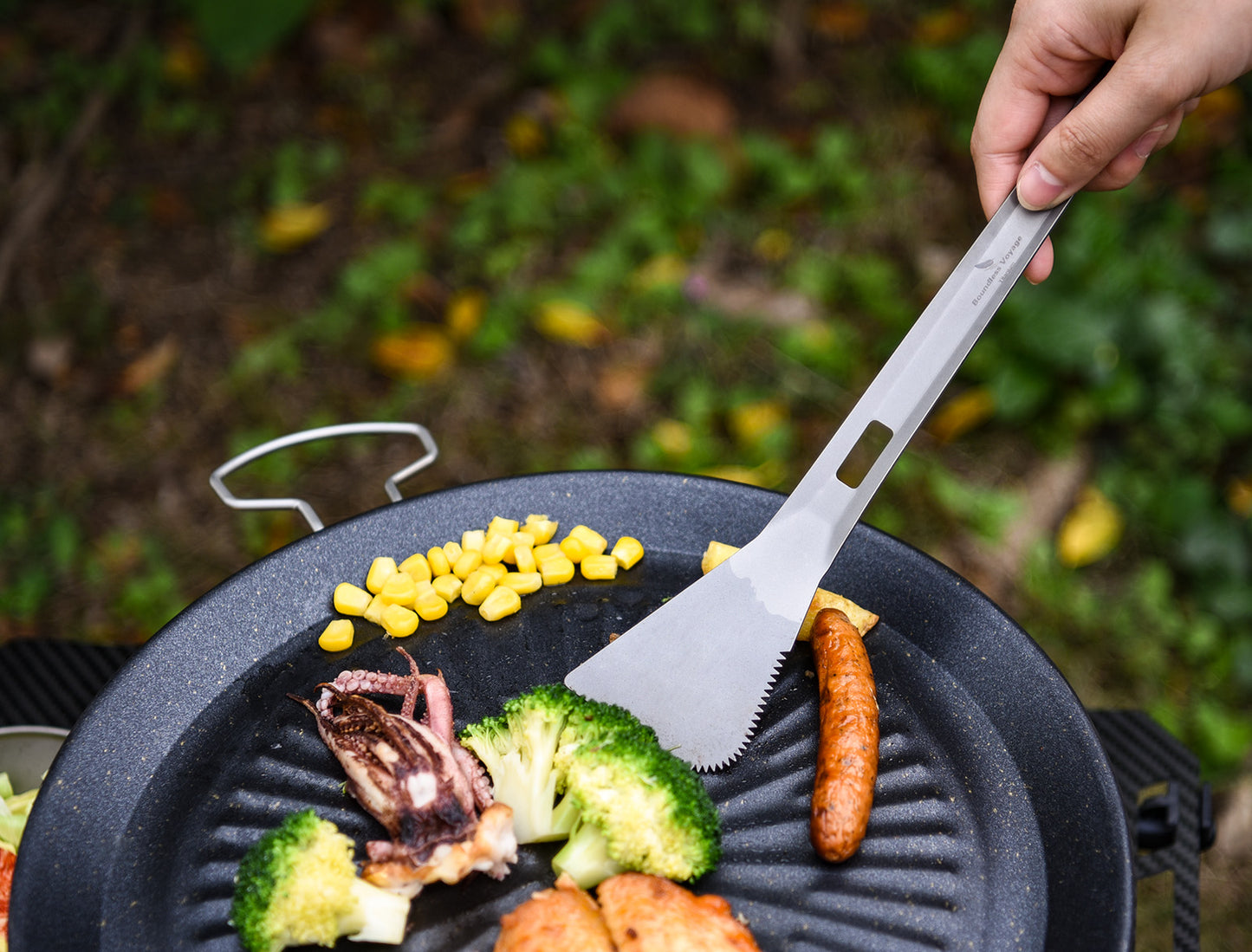 Boundless Voyage Titanium Alloy Tong, Spork，Shovel and Spatula All-In-One Utensil for Portable Lightweight Multi Utensil for Camping Kitchen Cookware