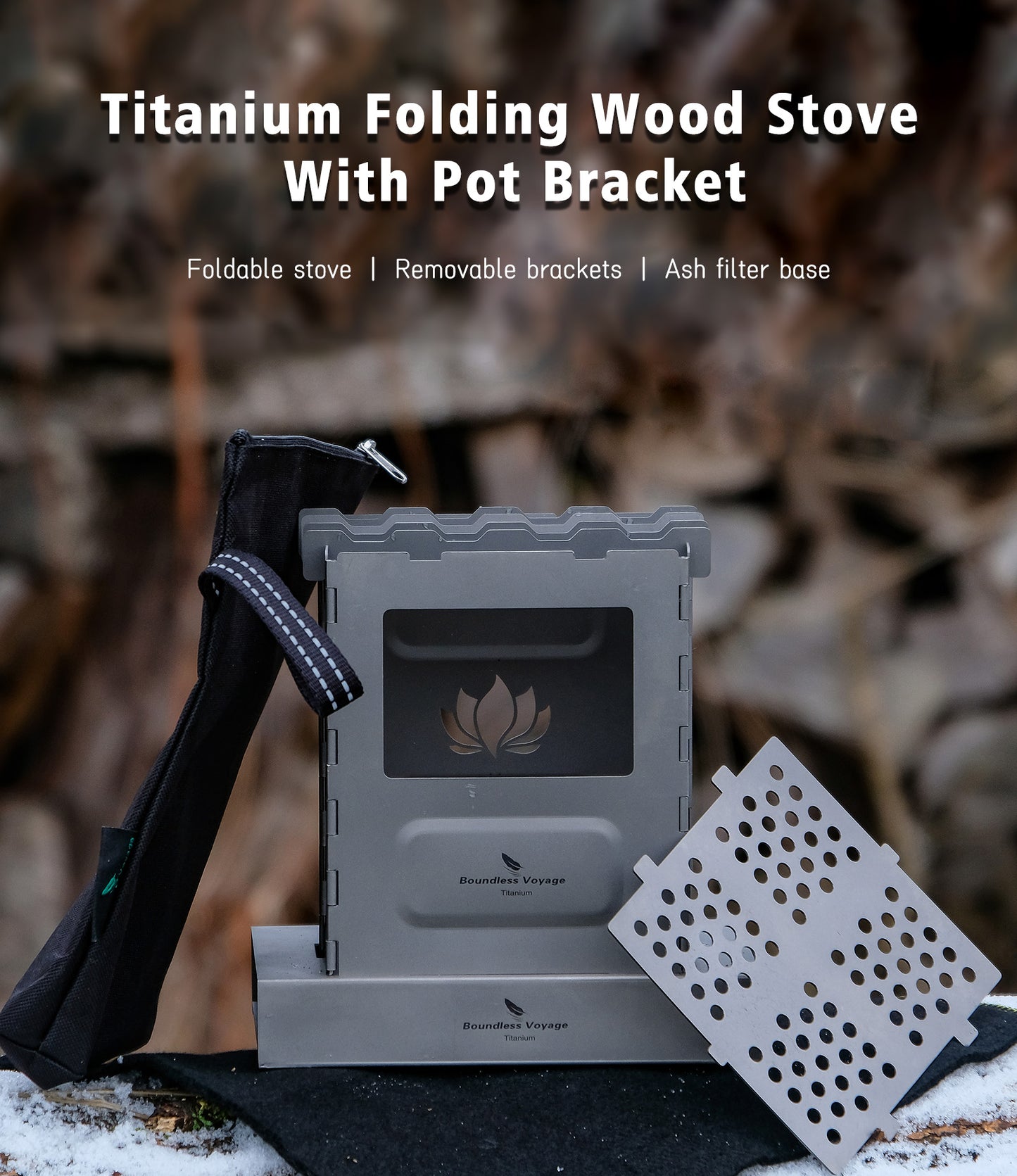 Boundless Voyage Outdoor Titanium Folding Wood Stove With Pot Bracket Camping Charcoal Burner Furnace