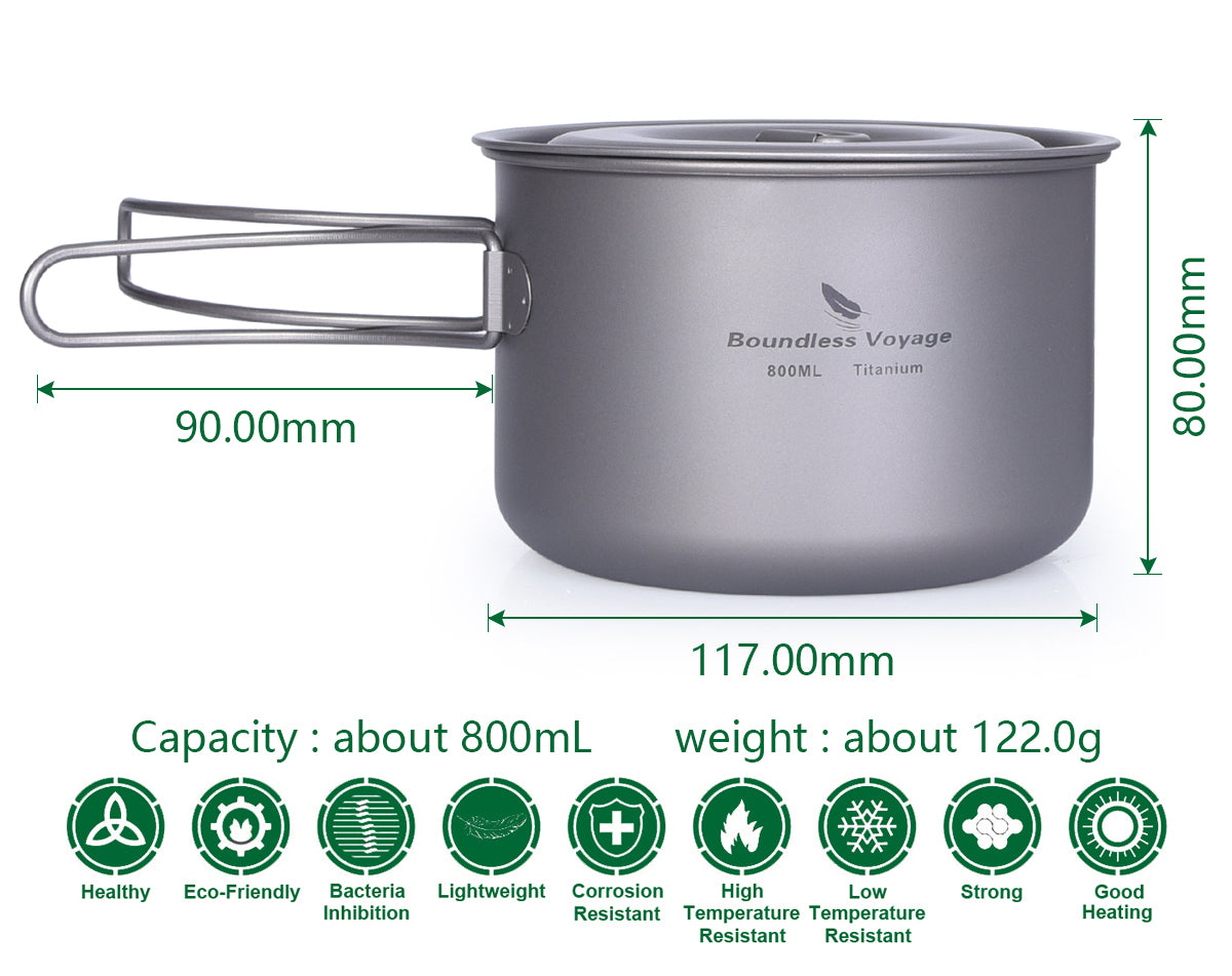 Boundless Voyage Outdoor Titanium Pot with Lid Folding Handle Camping Hiking Picnic Ultralight Tableware 800ml